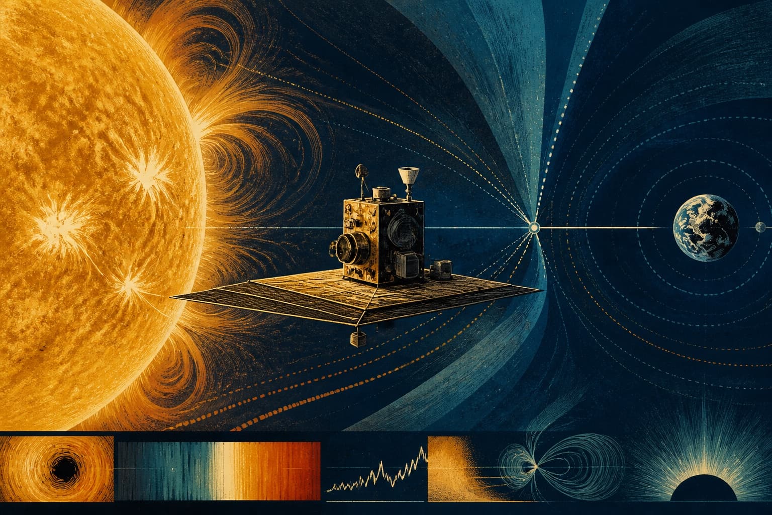 Editorial illustration of Aditya-L1 observing the Sun from the Sun–Earth L1 region