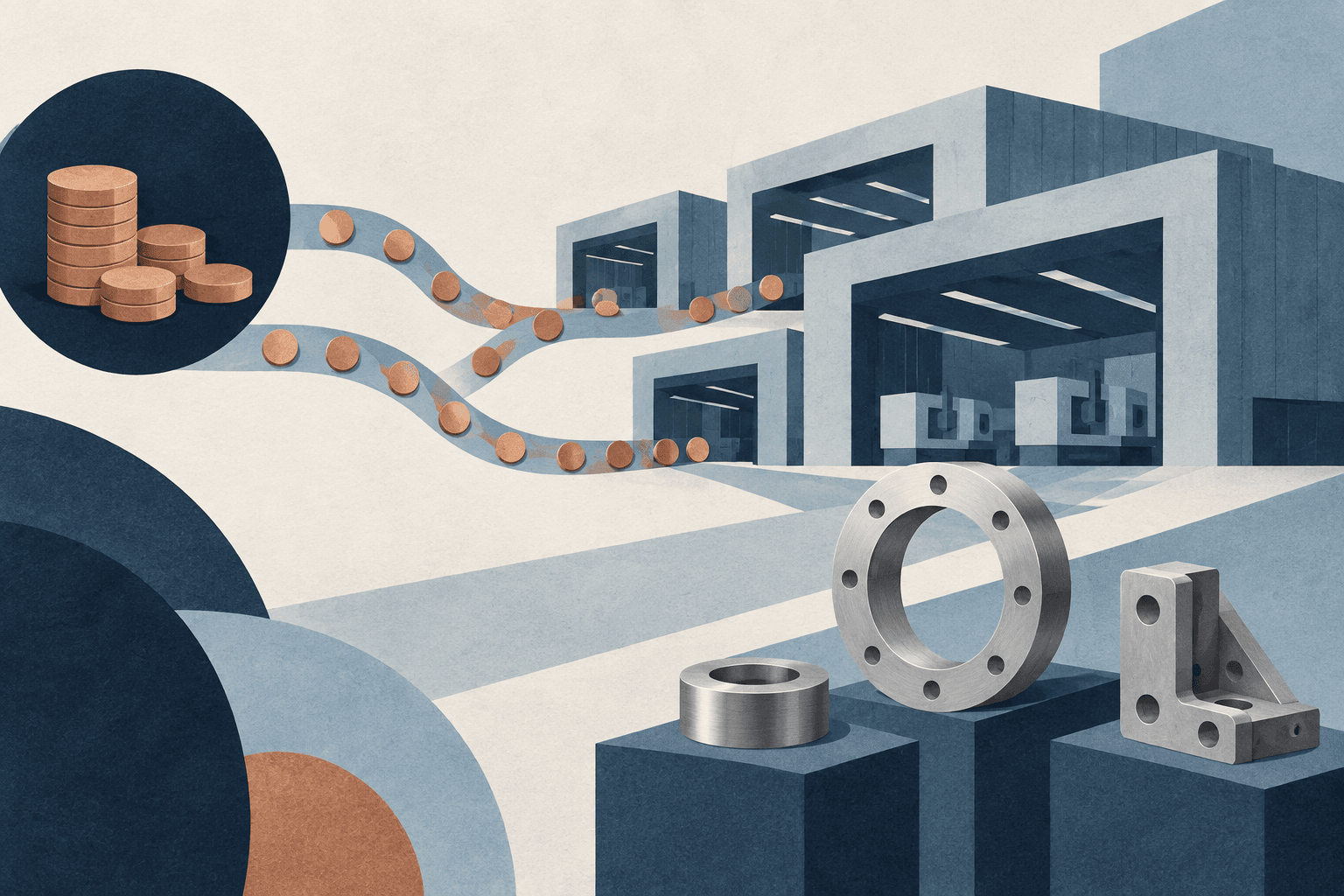 Illustrated copper discs flow toward blue manufacturing halls behind generic machined rings and a bracket