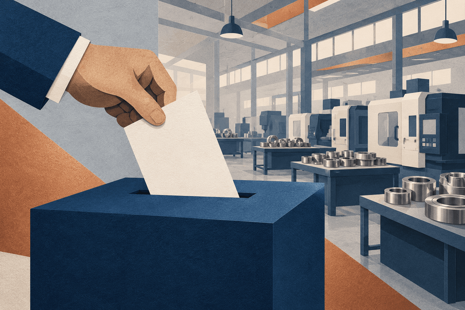 Paper-cut illustration of a hand placing a blank ballot into a navy box beside generic machine tools and metal rings