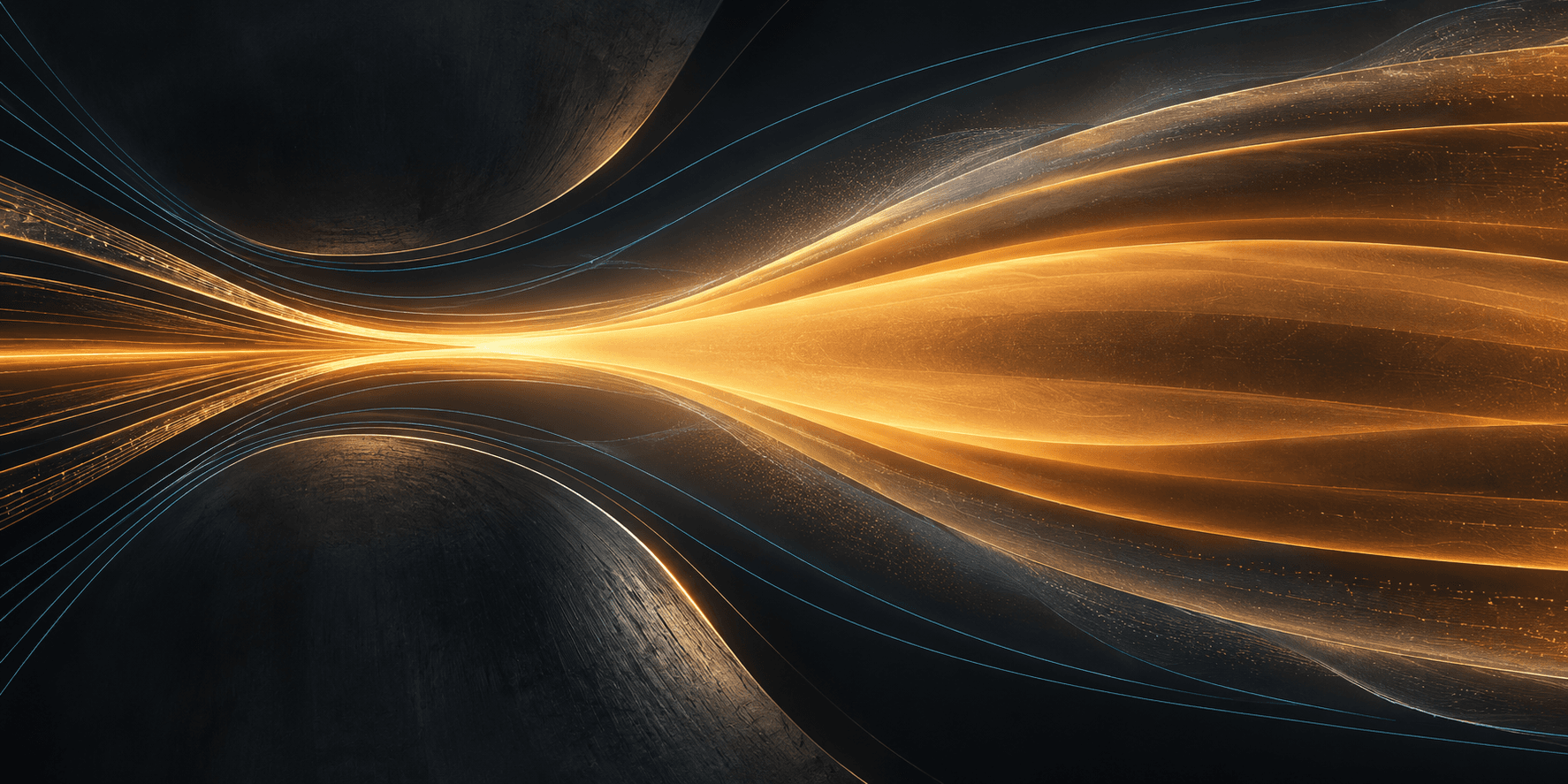 Luminous amber flow bands widen across a dark textured field crossed by fine cyan curves