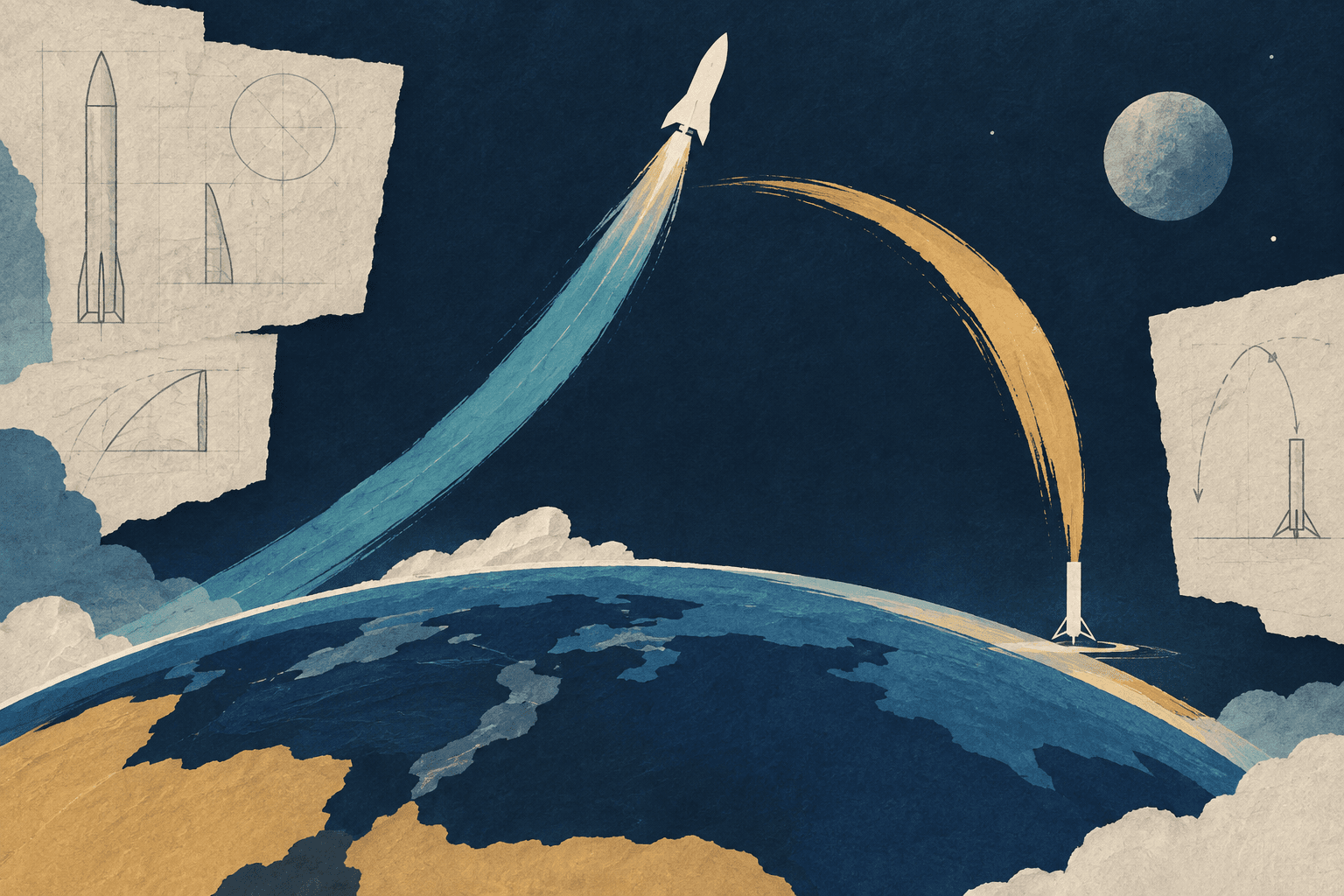 Paper-textured illustration of generic rockets ascending and returning along blue and ochre arcs above Earth