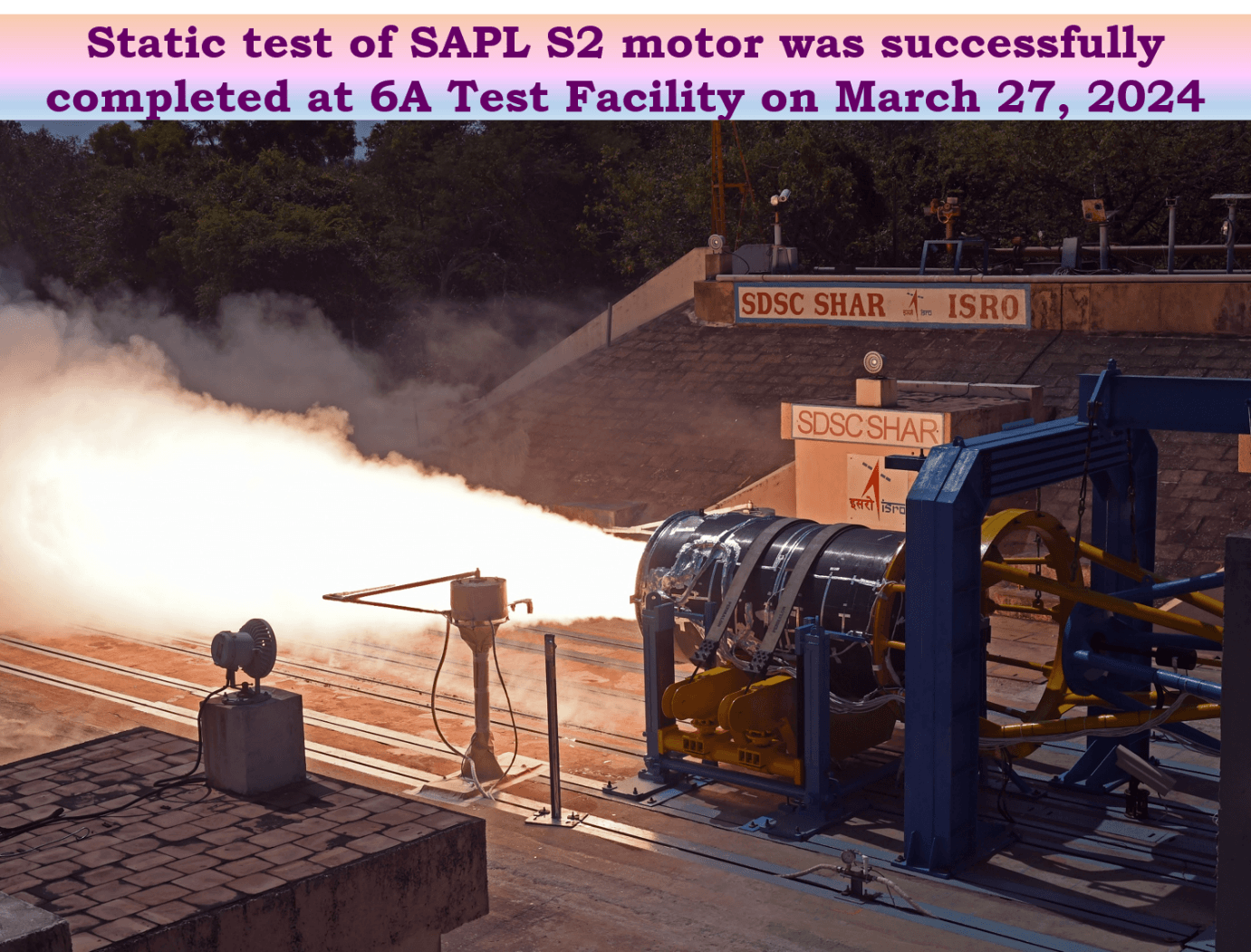 Skyroot's Kalam-250 rocket motor firing horizontally on a test stand at ISRO's SDSC SHAR facility