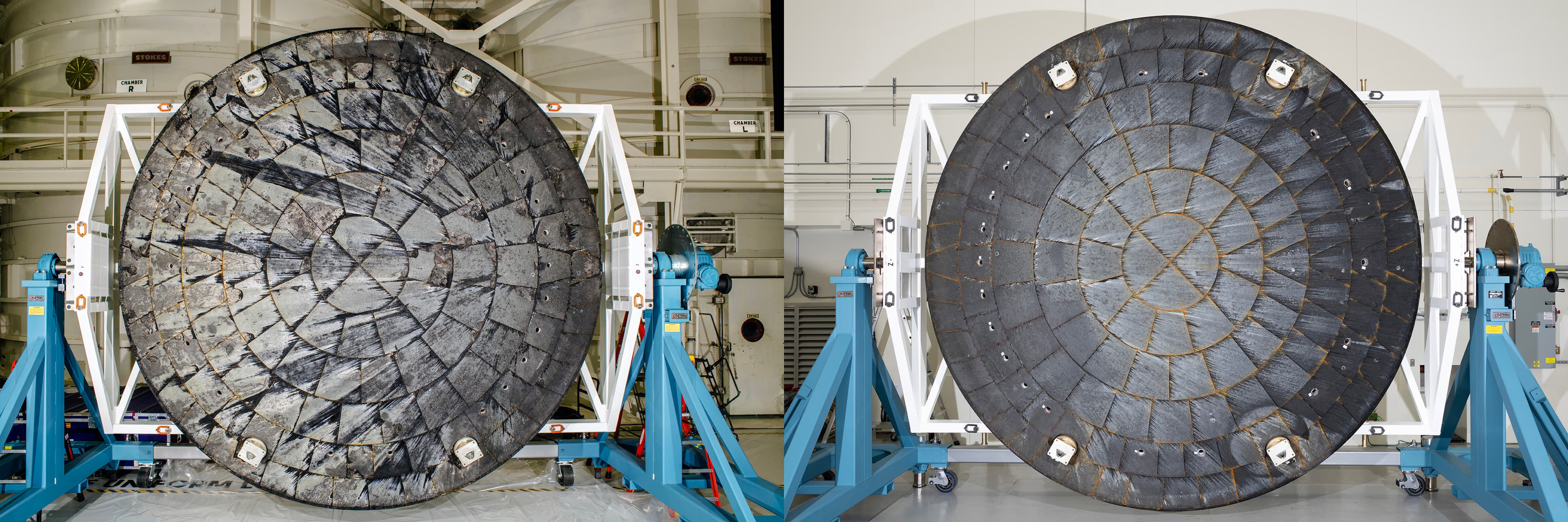 Side-by-side circular heat shields: Artemis I on the left has visibly greater surface damage than Artemis II on the right