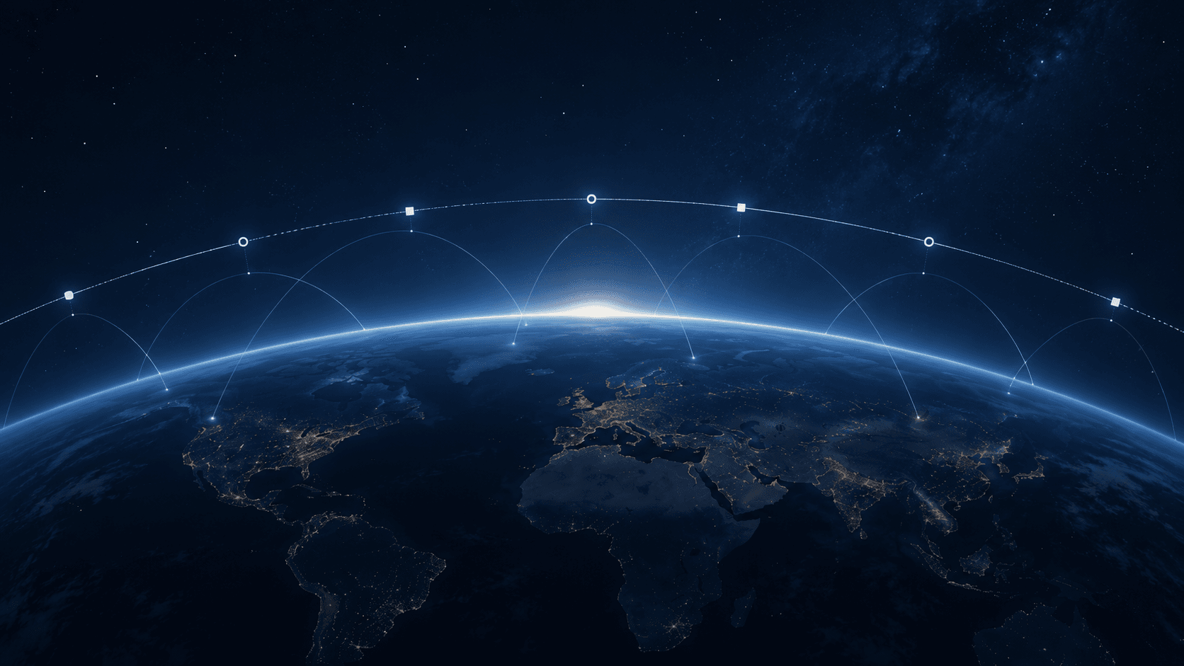 Conceptual blue Earth horizon with glowing orbital arcs and small geometric nodes