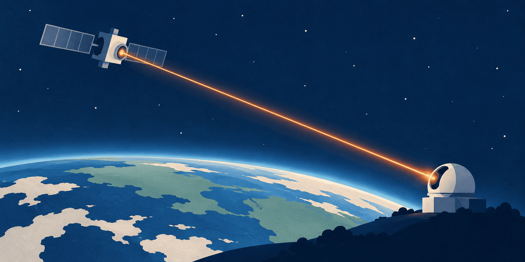 Stylised generic satellite above a curved Earth horizon, joined by an orange beam to a ground telescope