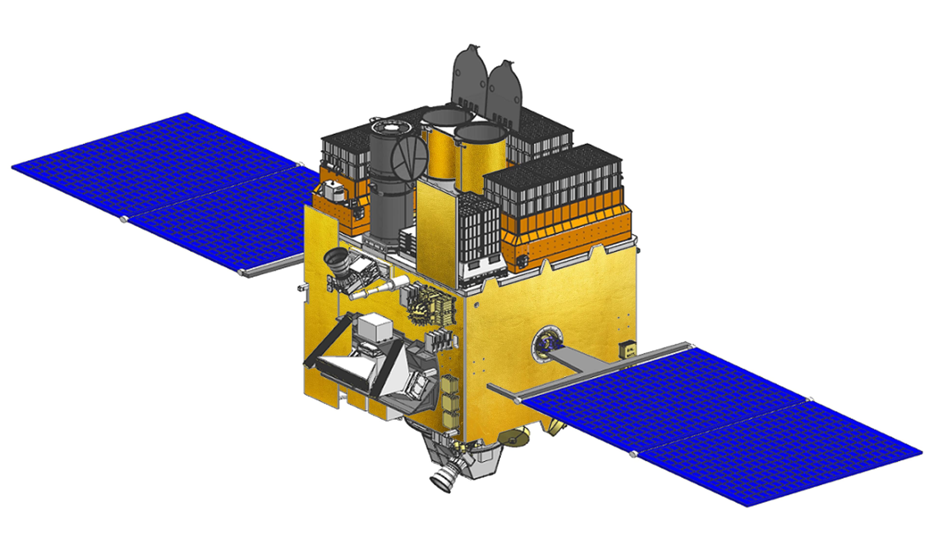 ISRO rendering of the gold AstroSat spacecraft with two blue solar arrays against a white background