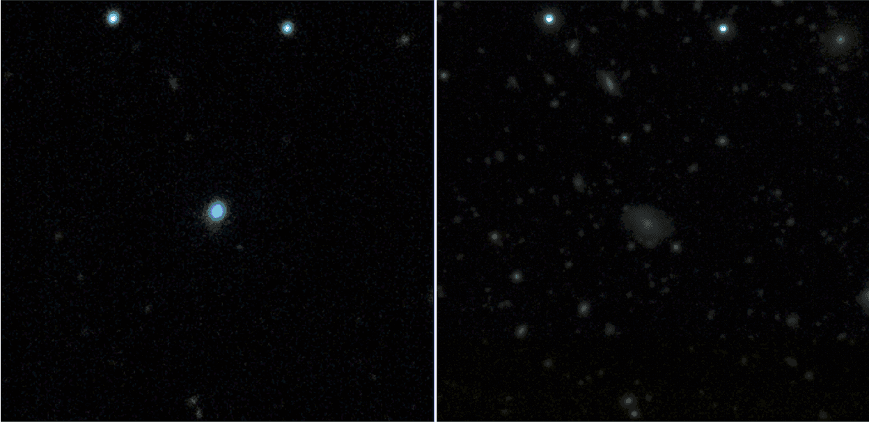 Side-by-side telescope images showing a bright blue transient near a faint galaxy before it faded