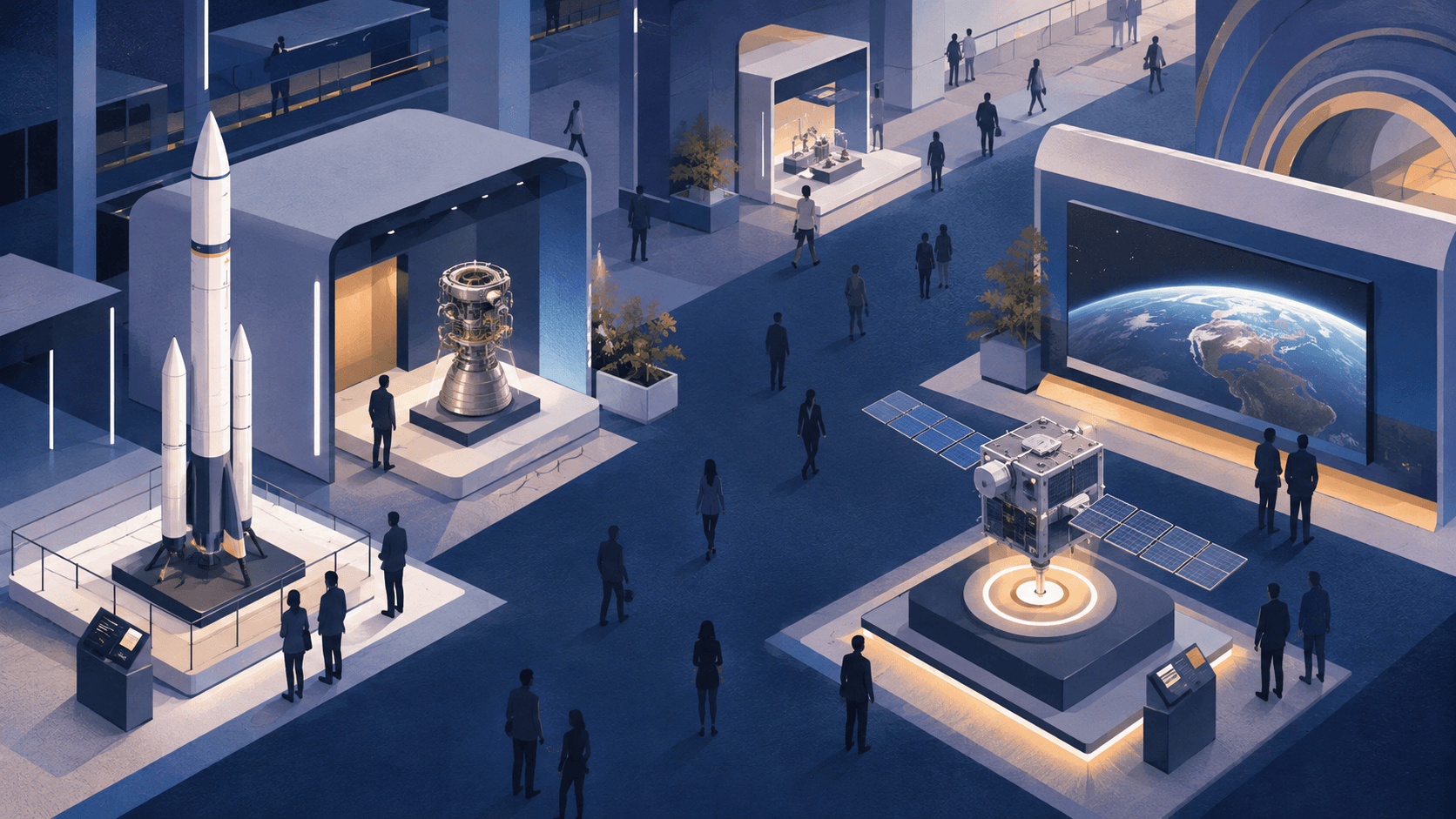 Stylised illustration of visitors walking among generic rocket, engine and satellite displays in an exhibition hall