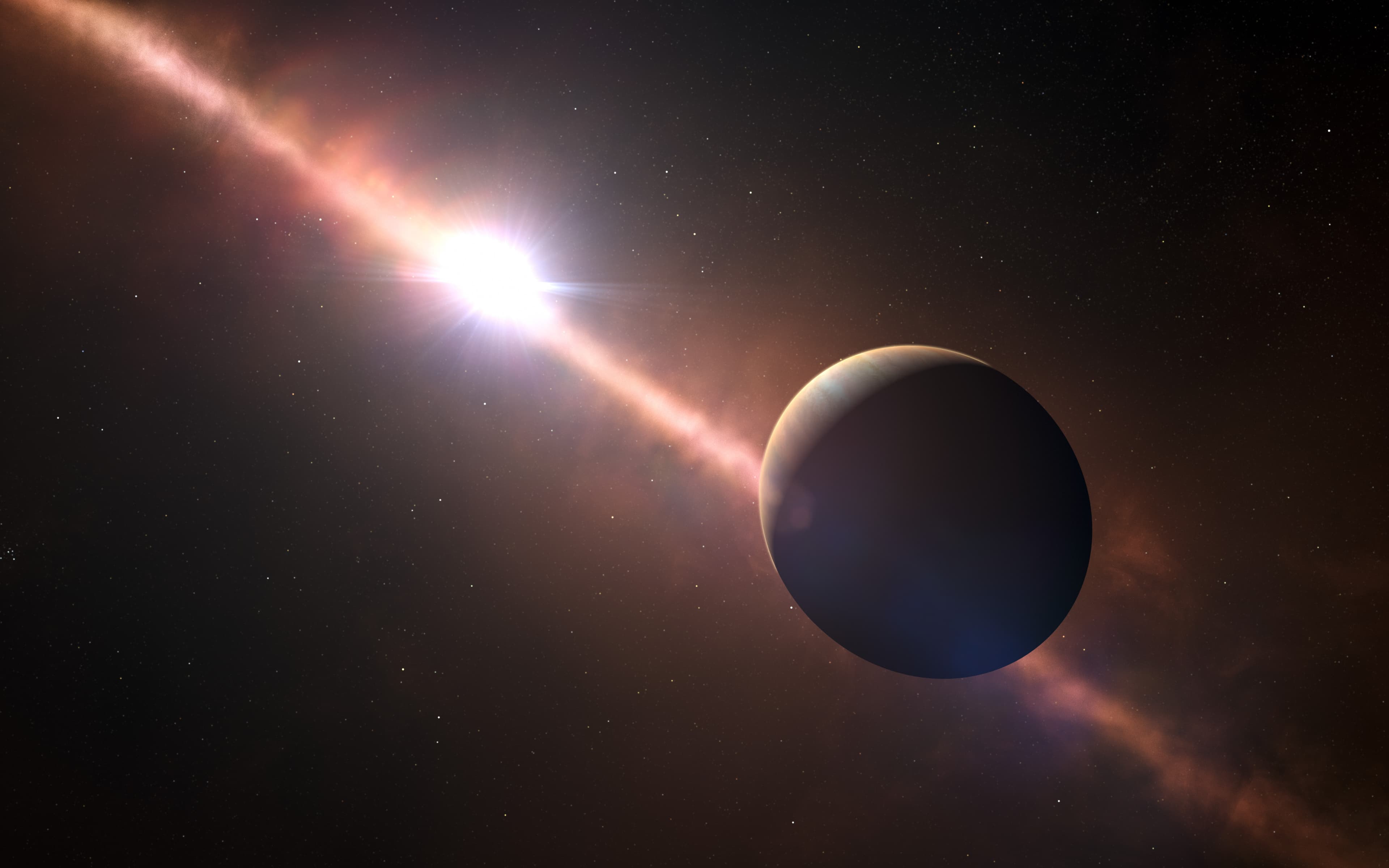 Artist’s impression of a dark giant planet beside a bright star and a diagonal dusty disc
