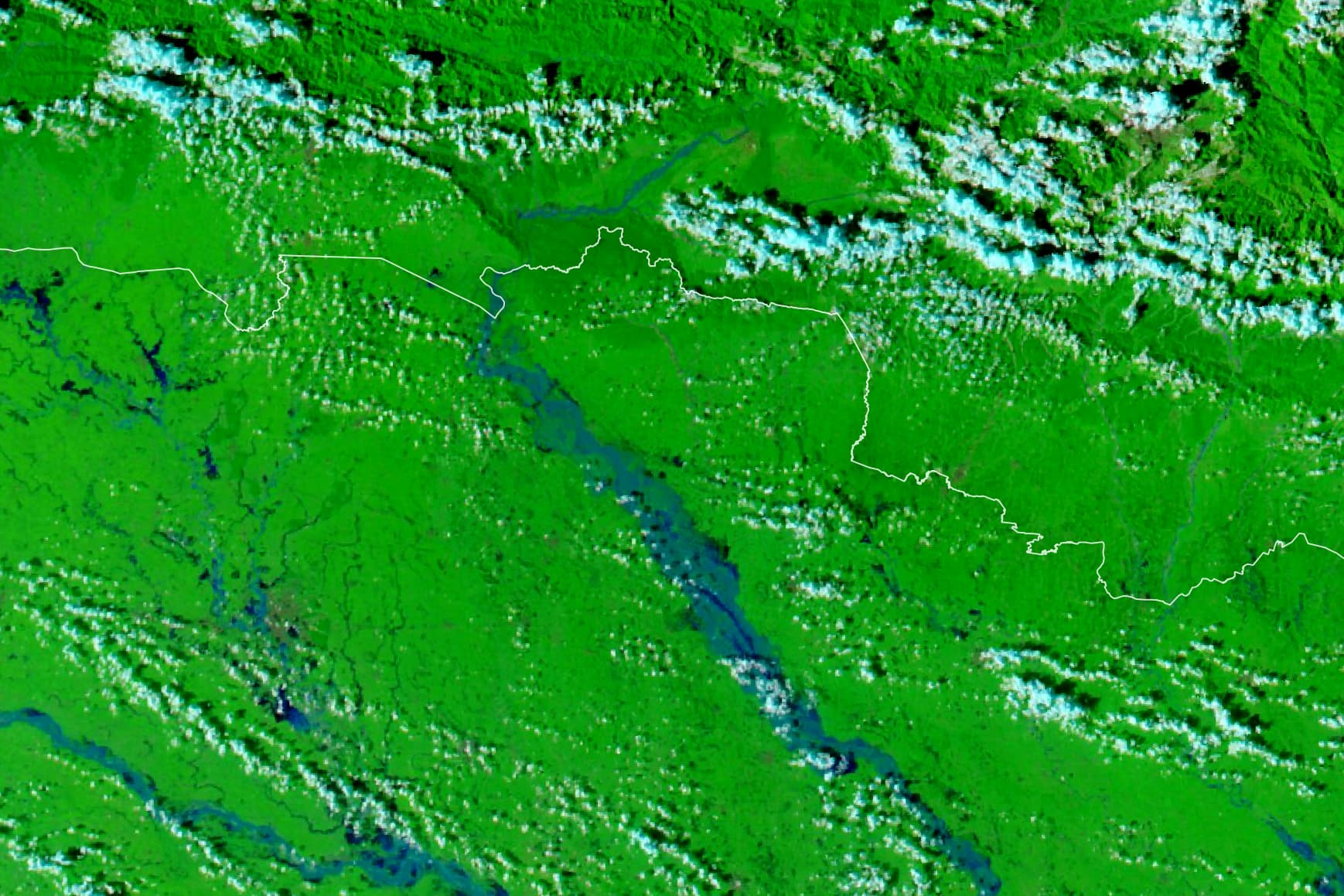 False-colour satellite view of the Gandak River and surrounding flooded areas, with water in blue and vegetation in green