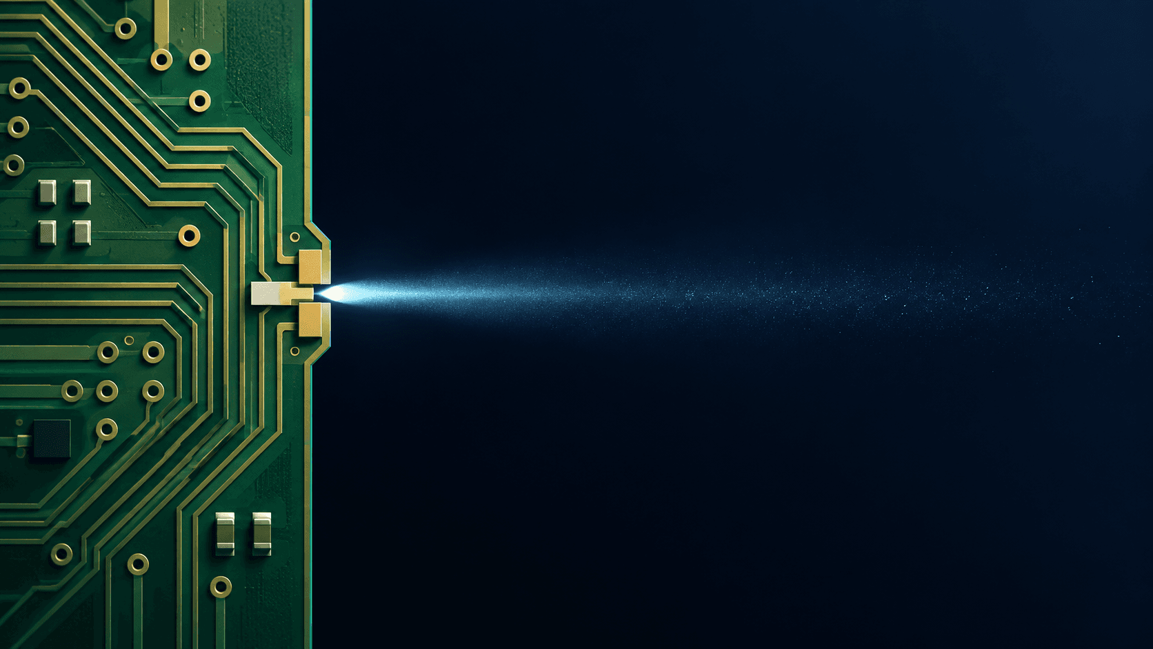 Stylized green circuit board ending in a small pale-blue pulse against a dark background