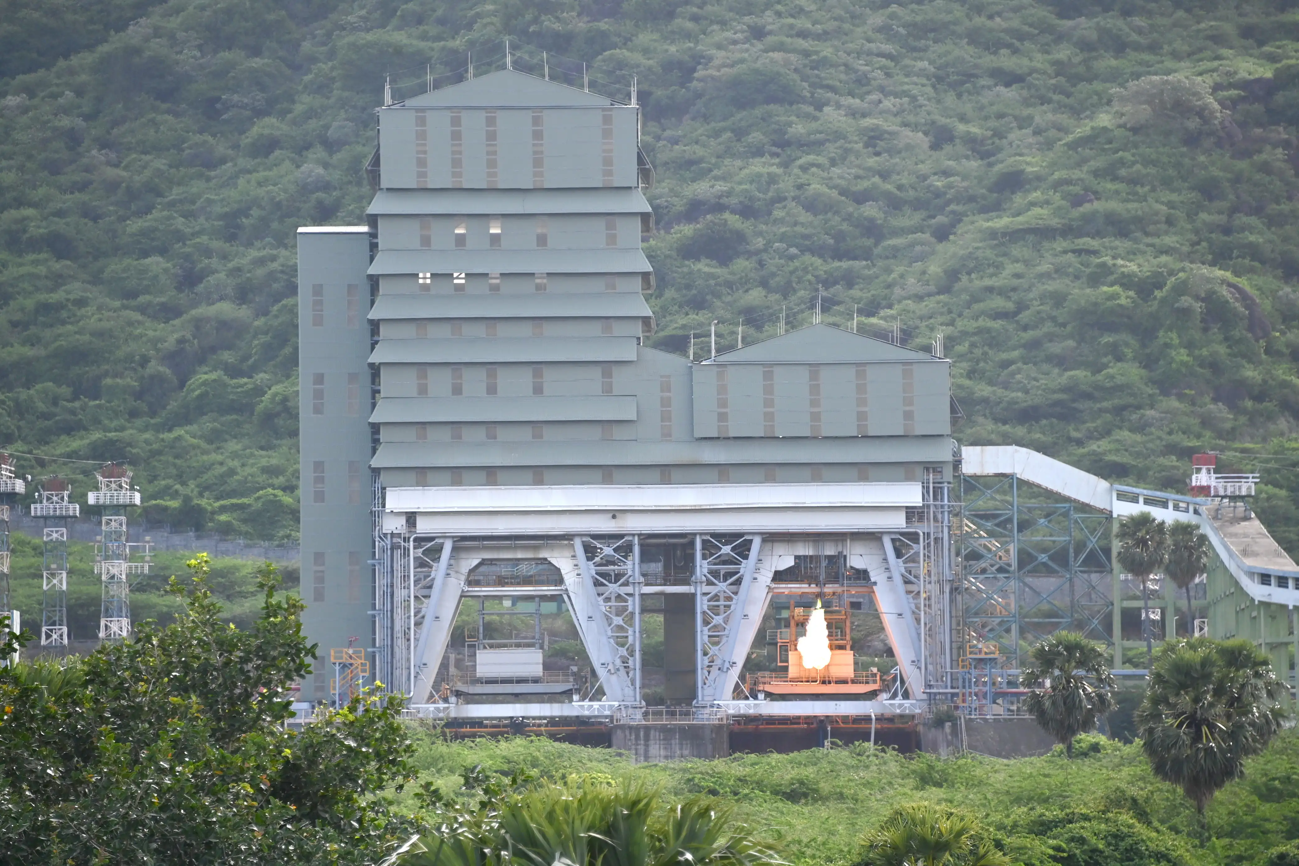A wide view of ISRO's Mahendragiri test facility during a semi-cryogenic power-head firing