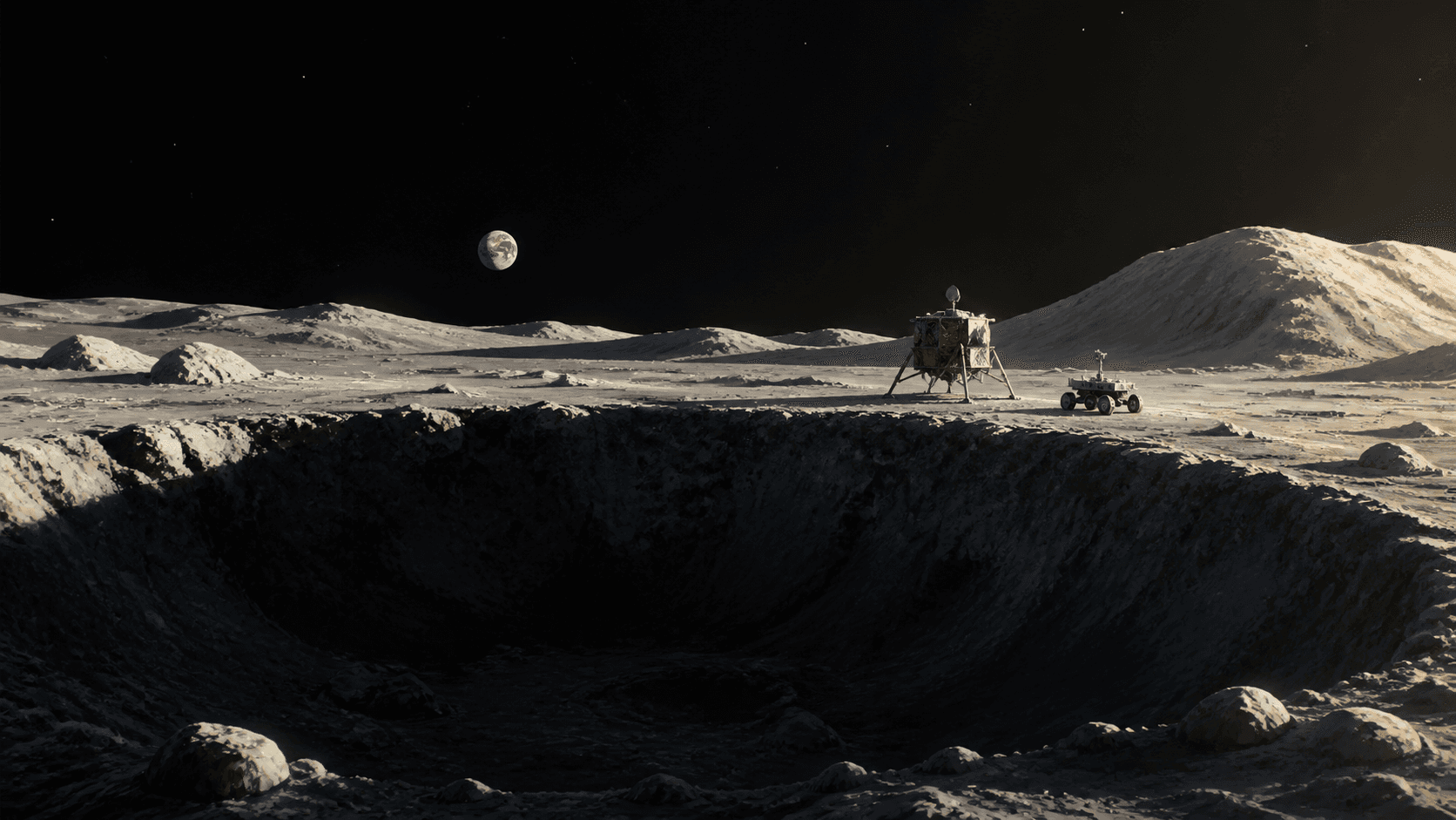 Conceptual illustration of a lunar lander and rover near the rim of a dark south-polar crater, with Earth above the horizon