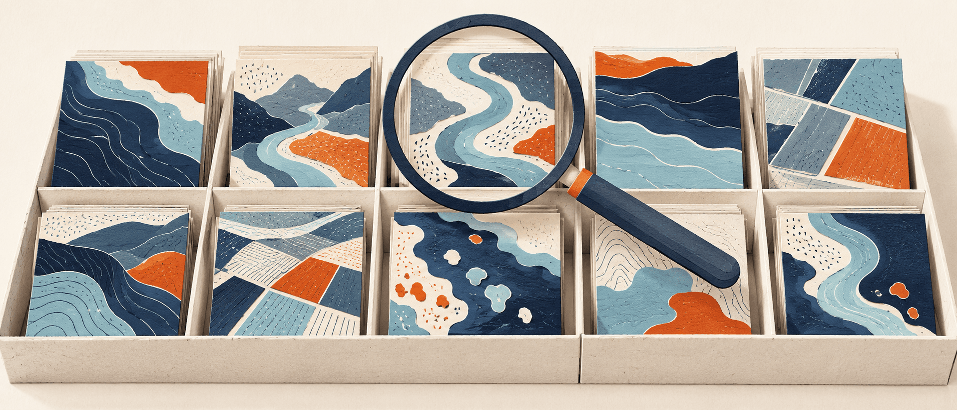 Paper-cut archive of abstract landscape cards with a magnifying glass over a winding river shape
