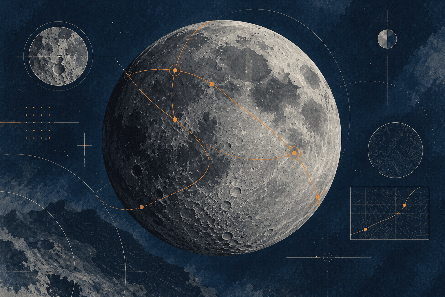 Illustrated grey lunar globe with orange route lines and small geometric grid motifs against a dark blue background