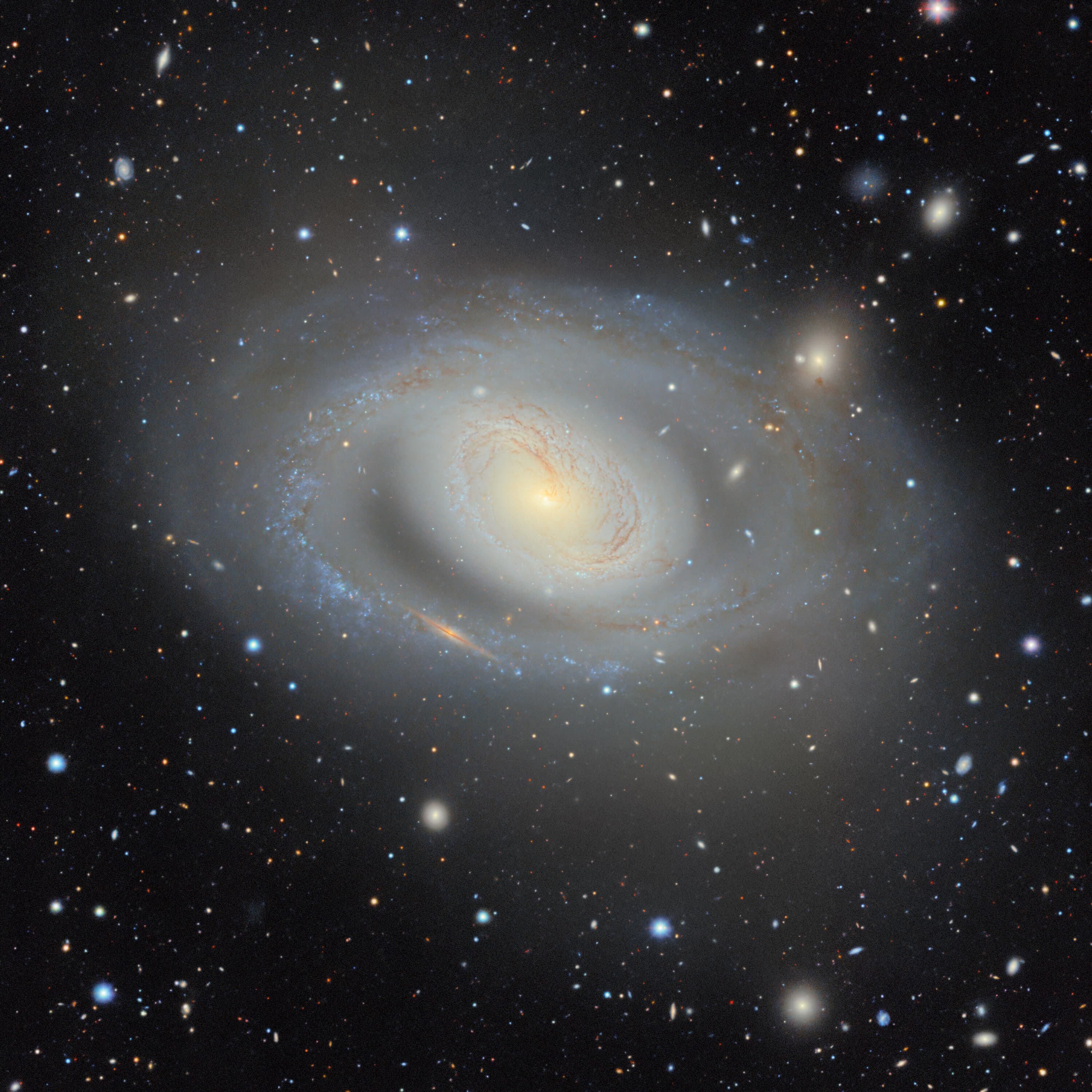 Face-on spiral galaxy Messier 96 surrounded by stars and smaller galaxies in a square field of black sky