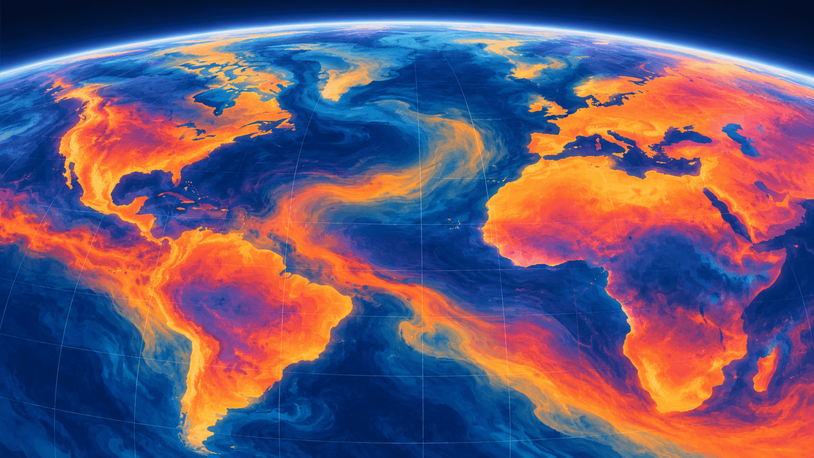 Illustrated globe with blue and orange abstract heat patterns over the continents