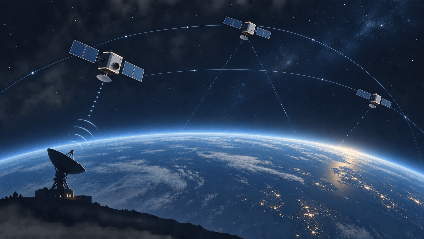 Conceptual illustration of three generic satellites above Earth with orbital paths and a ground-station antenna