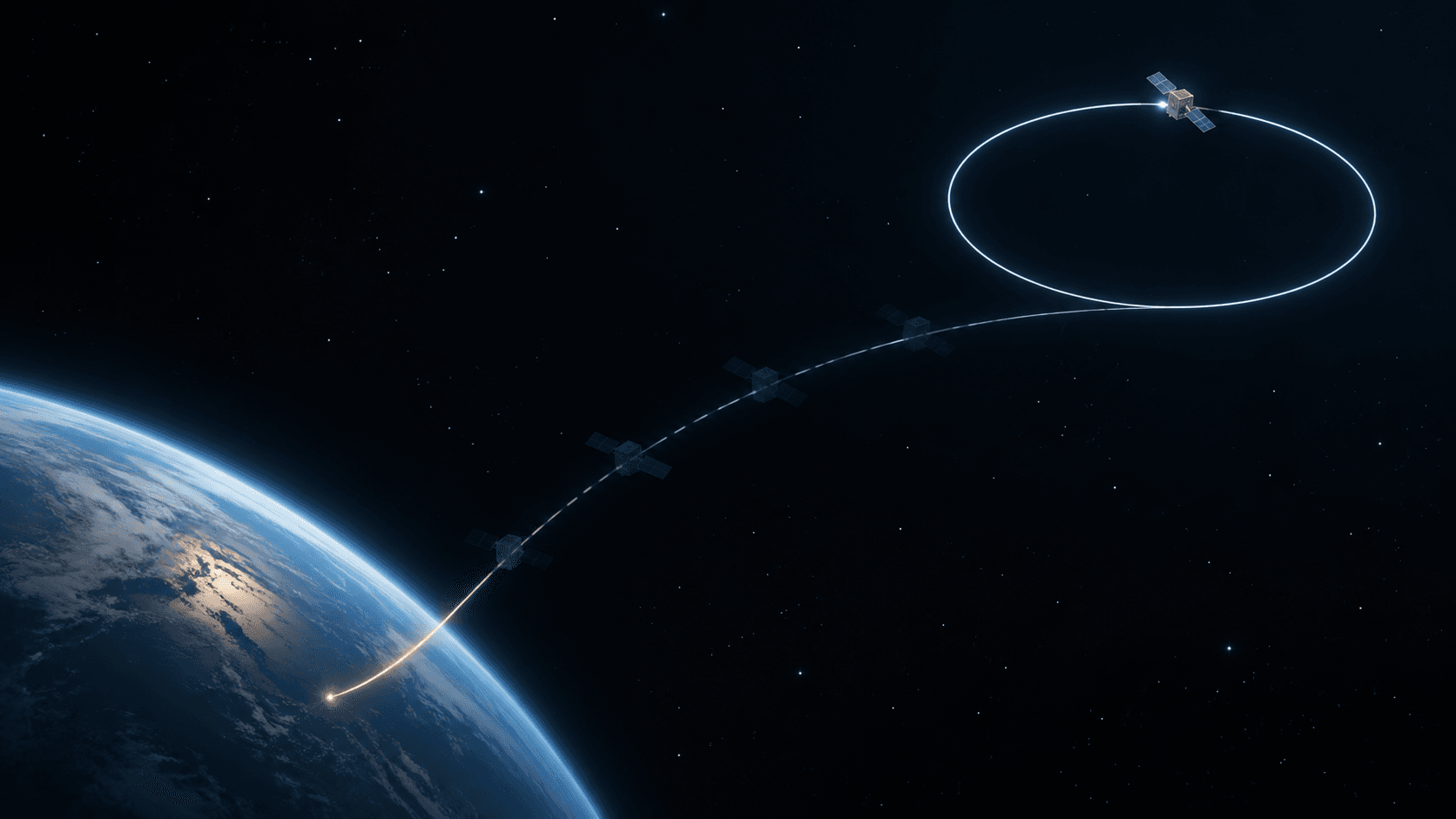 Conceptual sequence of generic unmarked satellites moving from an elliptical transfer orbit toward a high orbit above Earth