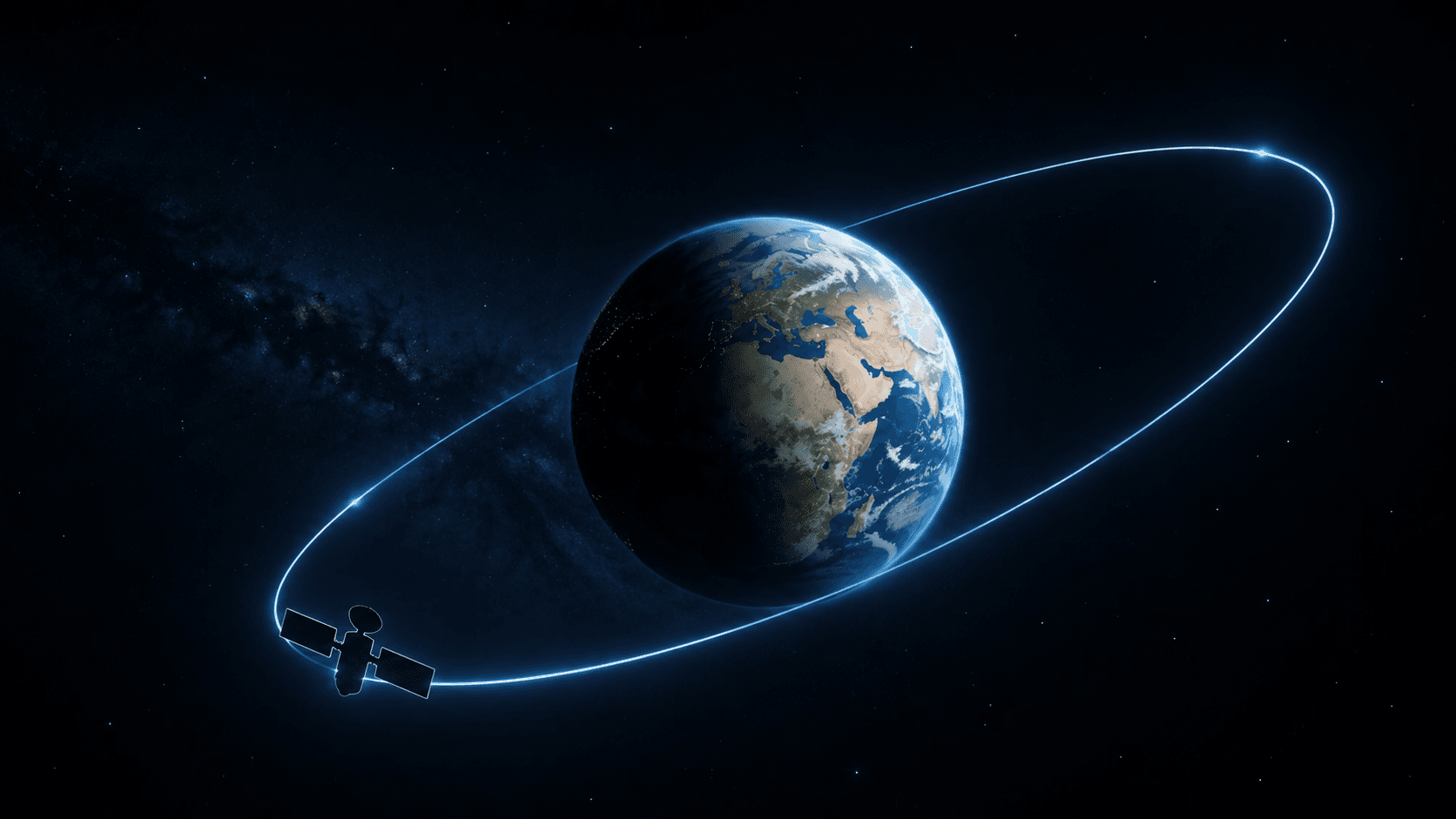 Conceptual illustration of an unmarked satellite following an elliptical orbit around Earth