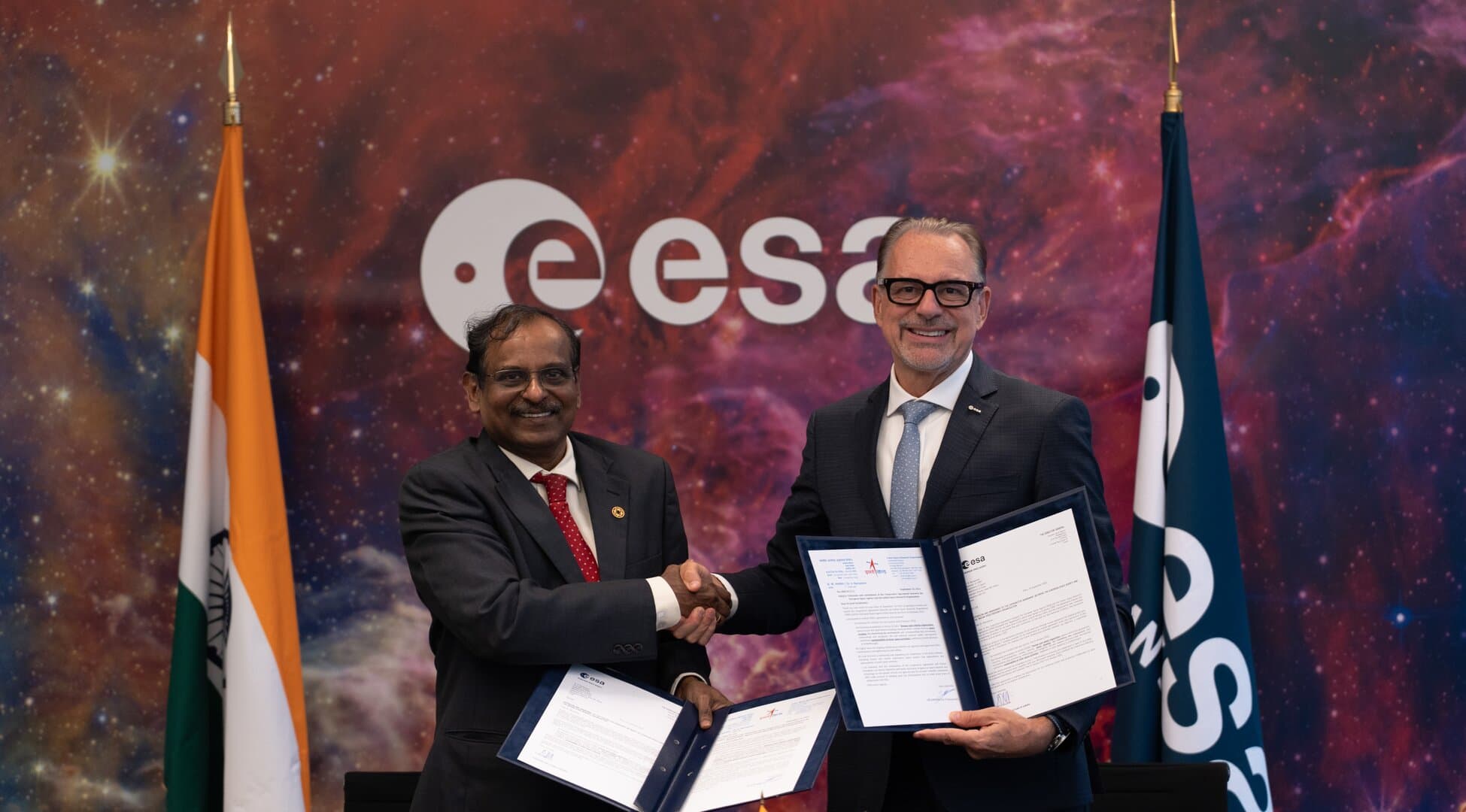 ISRO Chairman V. Narayanan and ESA Director General Josef Aschbacher standing together