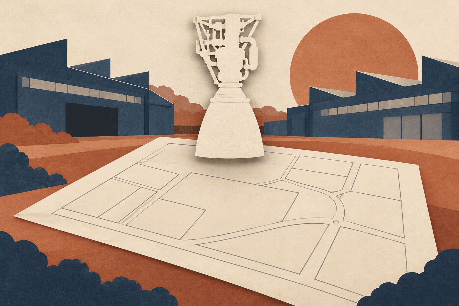 Paper-cut rocket engine above an abstract land plan, with indigo factory shapes against an ochre background