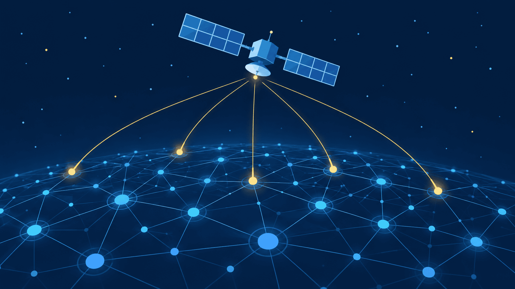 Conceptual blue satellite above a web of connected blue nodes on a dark background