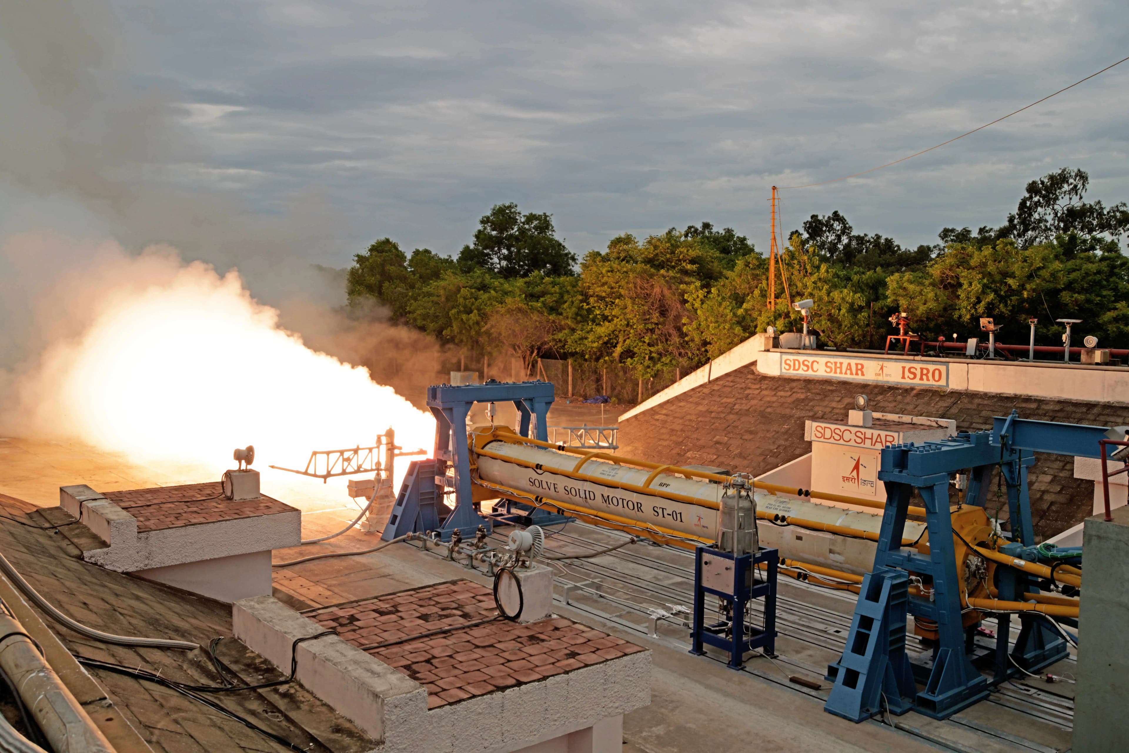 ISRO SOLVE solid motor firing during a ground test at Sriharikota in July 2026