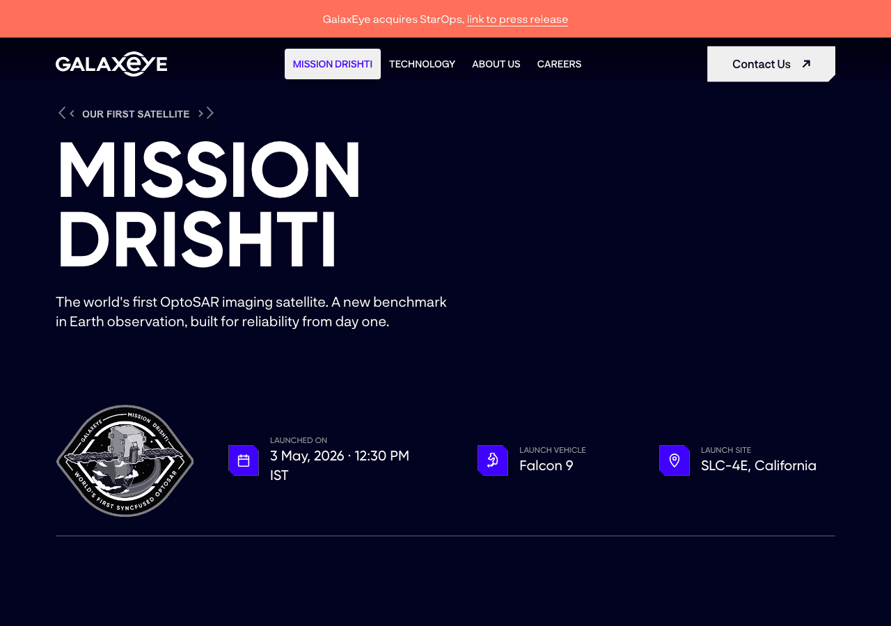 GalaxEye's Mission Drishti webpage showing the mission name, launch date, Falcon 9 vehicle and California launch site