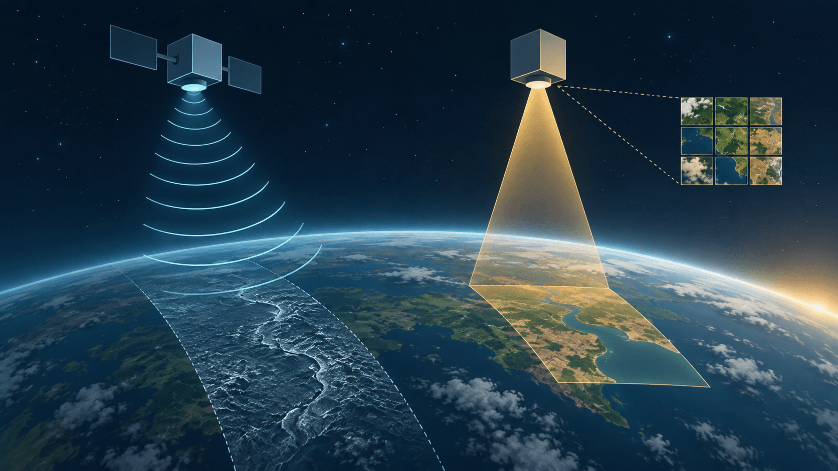 Conceptual Earth horizon with schematic radar waves and an optical beam directed toward the surface