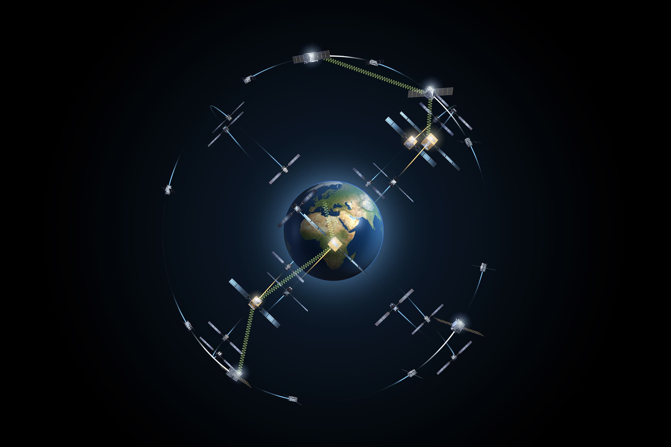 Illustration of navigation satellites on orbital paths around Earth with coloured signal links