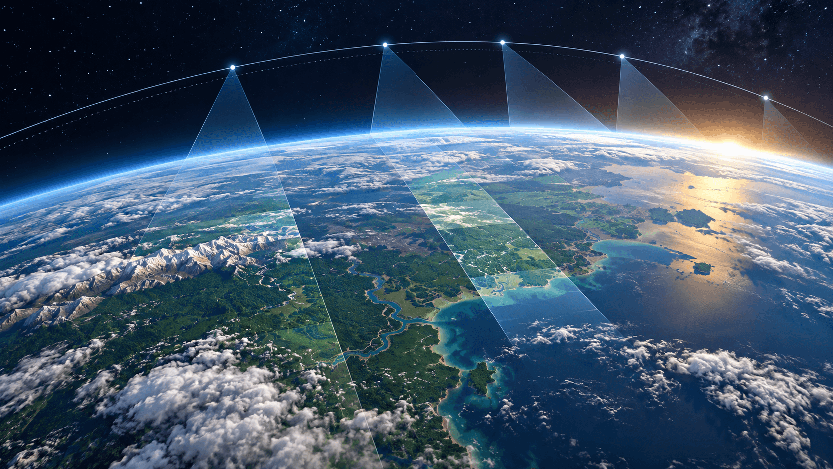 Conceptual orbital viewing arcs over Earth, with translucent beams reaching the surface