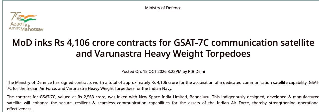PIB announcement excerpt showing the GSAT-7C satellite contract value and October 15 publication date