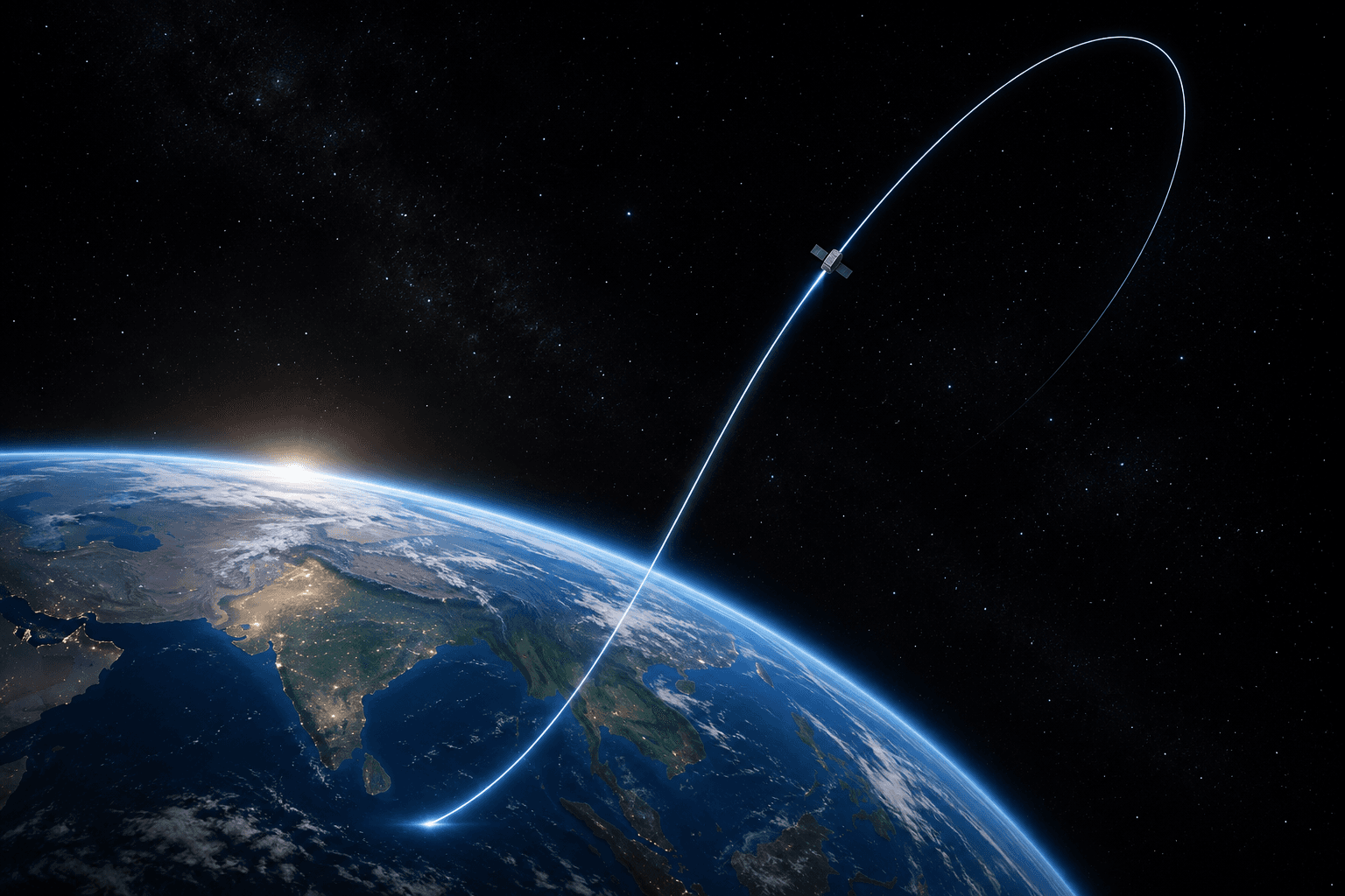 Conceptual view of Earth with a satellite following a high elliptical transfer orbit