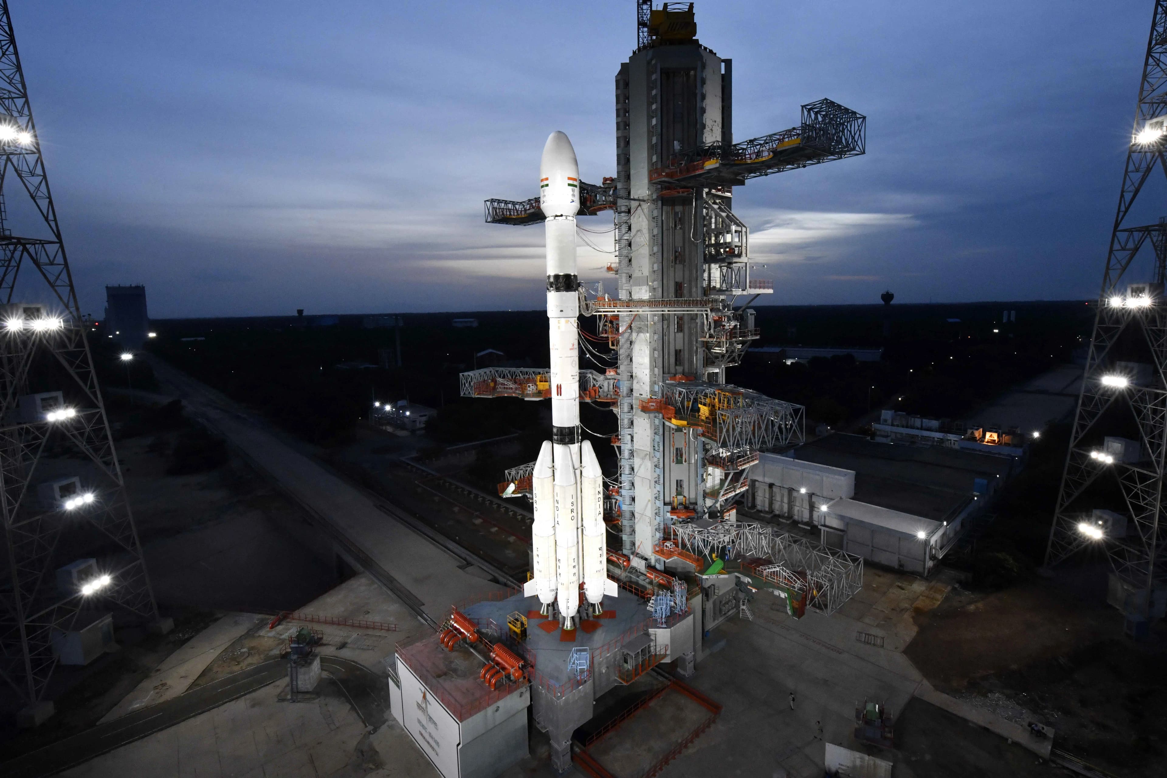 GSLV-F17 standing beside its launch tower at the Second Launch Pad before launch