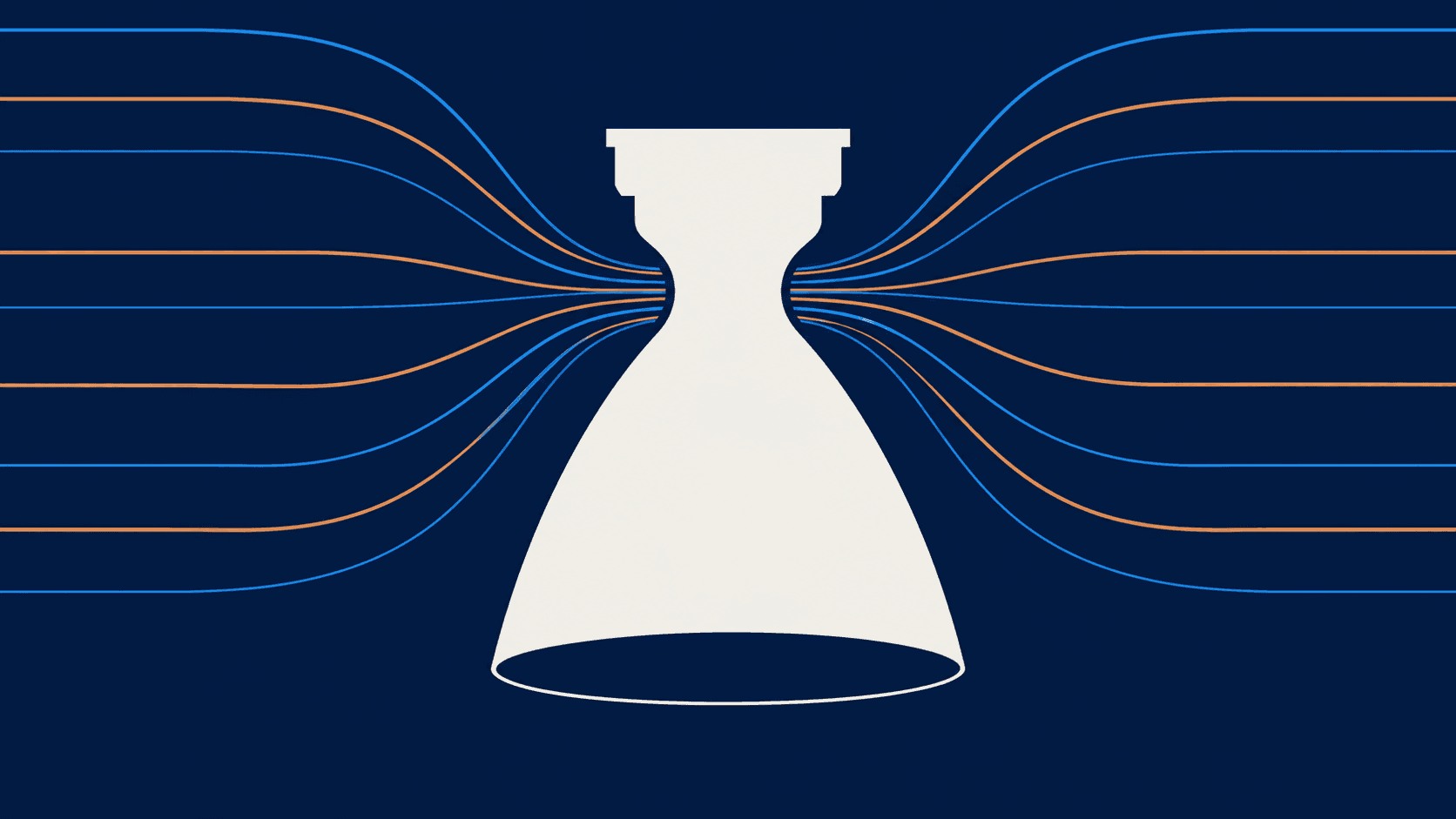 Flat conceptual illustration of a white rocket-engine nozzle silhouette with blue and copper curved lines on a navy field