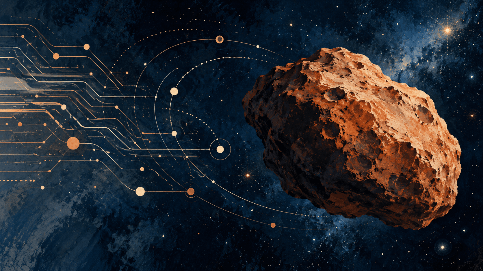 Painted rust-coloured asteroid beside glowing circuit traces and orbital arcs on a blue star field