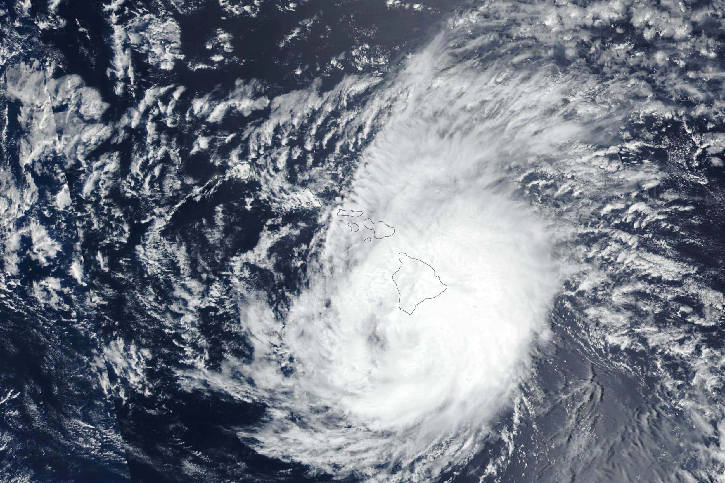 VIIRS satellite view of Hurricane Lala’s cloud bands and eye immediately south of Hawai‘i Island on August 15, 2026