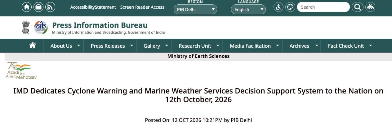 Official PIB release title and October 12, 2026 publication date announcing the cyclone and marine weather decision-support system
