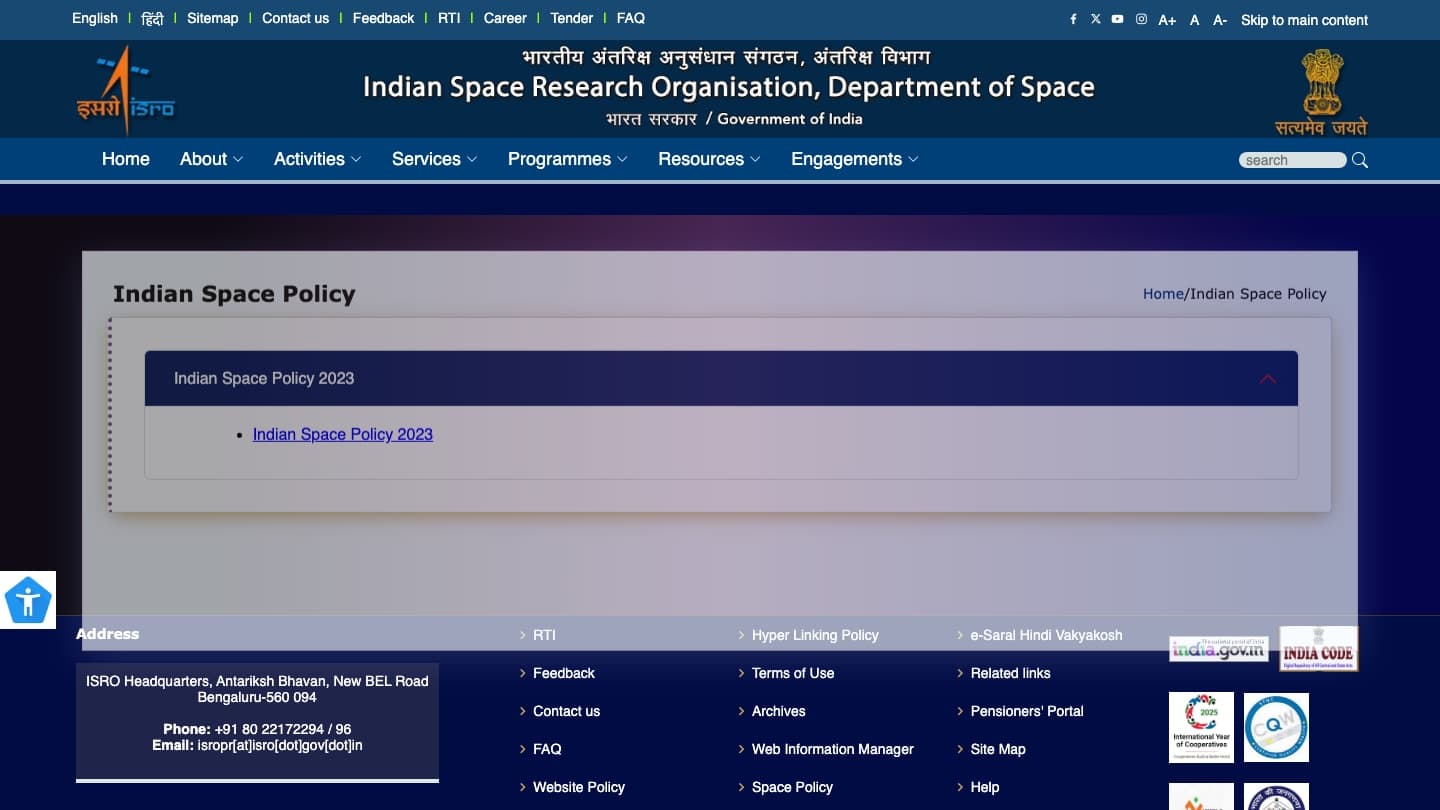 Screenshot of the Department of Space website page for Indian Space Policy 2023