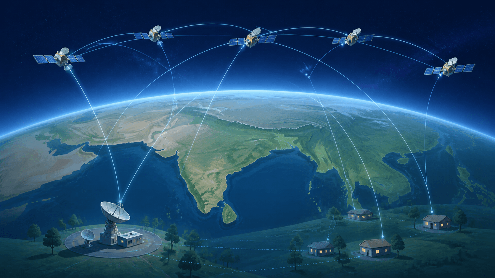 Conceptual illustration of communications satellites linking India to a ground gateway and rural homes