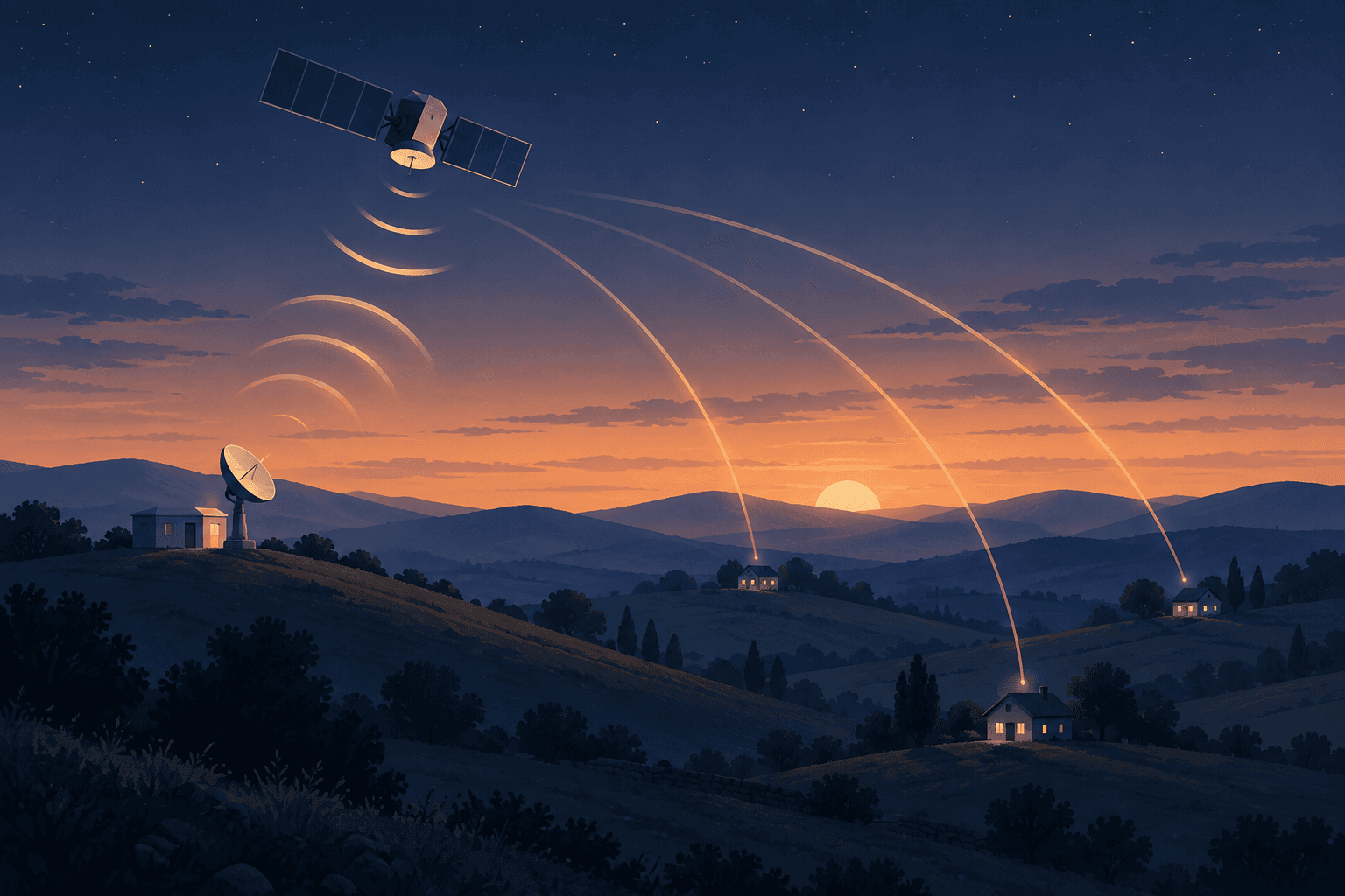 Conceptual illustration of a communications satellite linking a ground gateway and remote homes