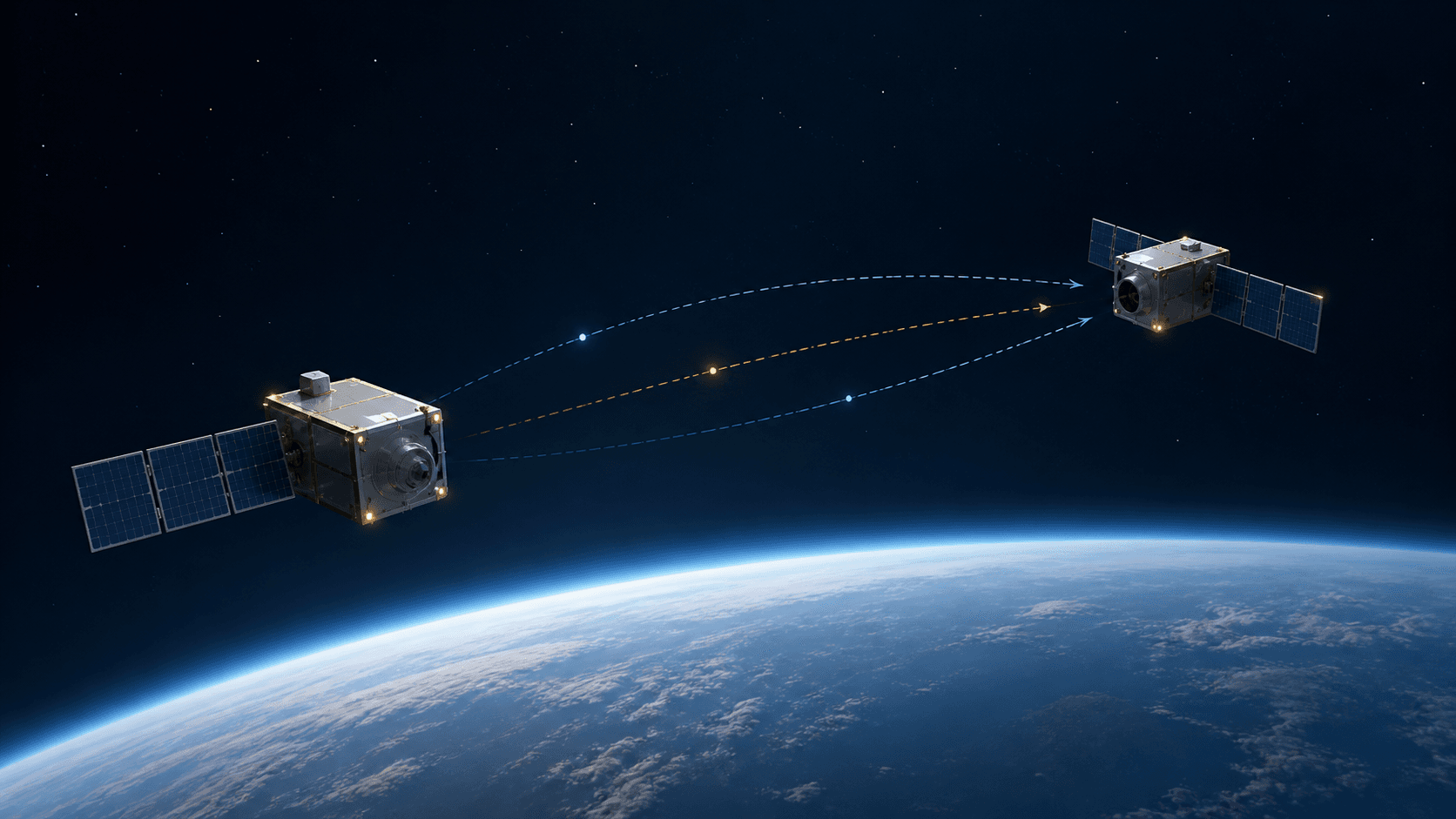 Conceptual illustration of two generic spacecraft approaching each other above Earth along curved relative-motion paths