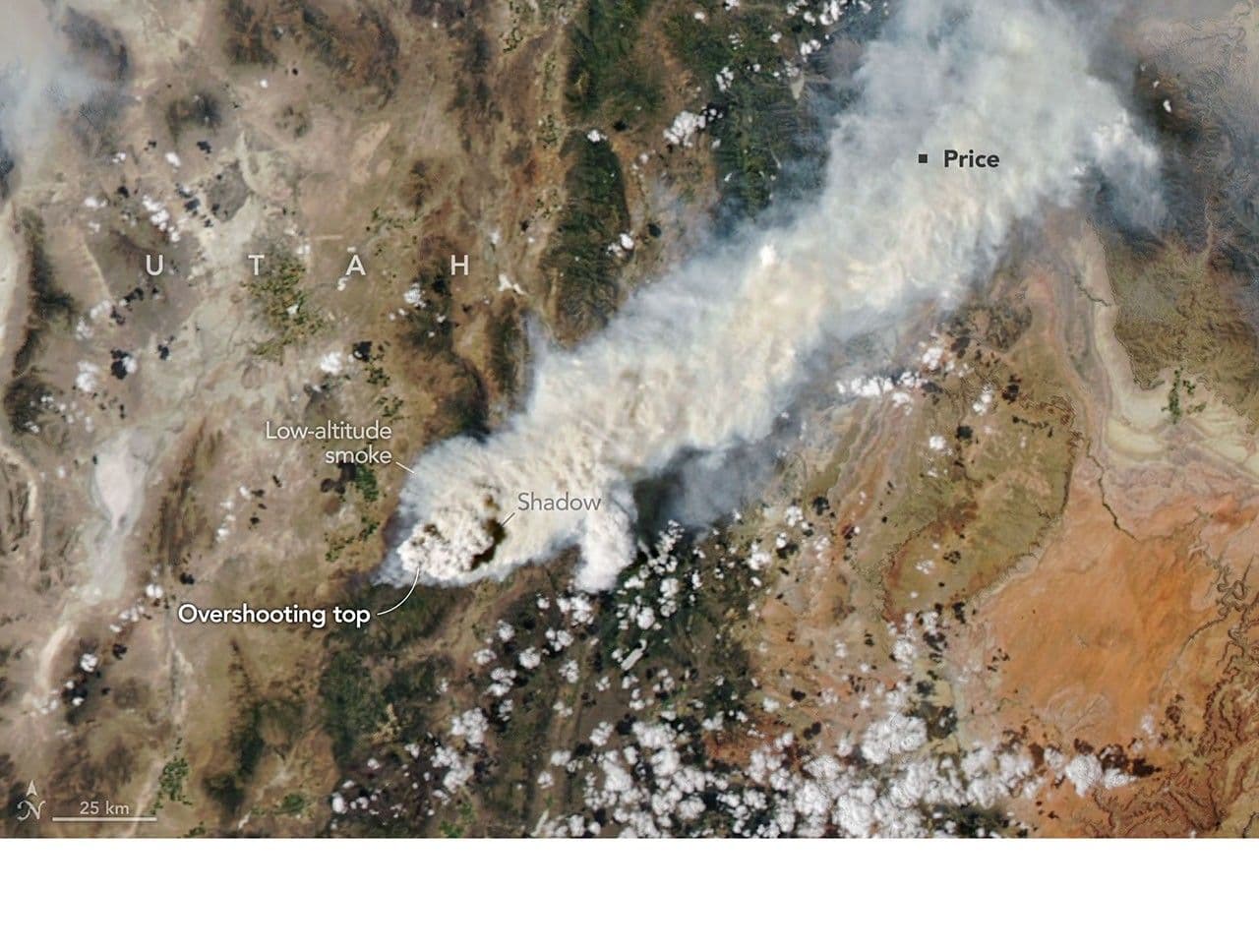 Annotated Aqua MODIS view of smoke and an overshooting pyrocumulonimbus top above Utah’s Widemouth 2 fire on August 2, 2026