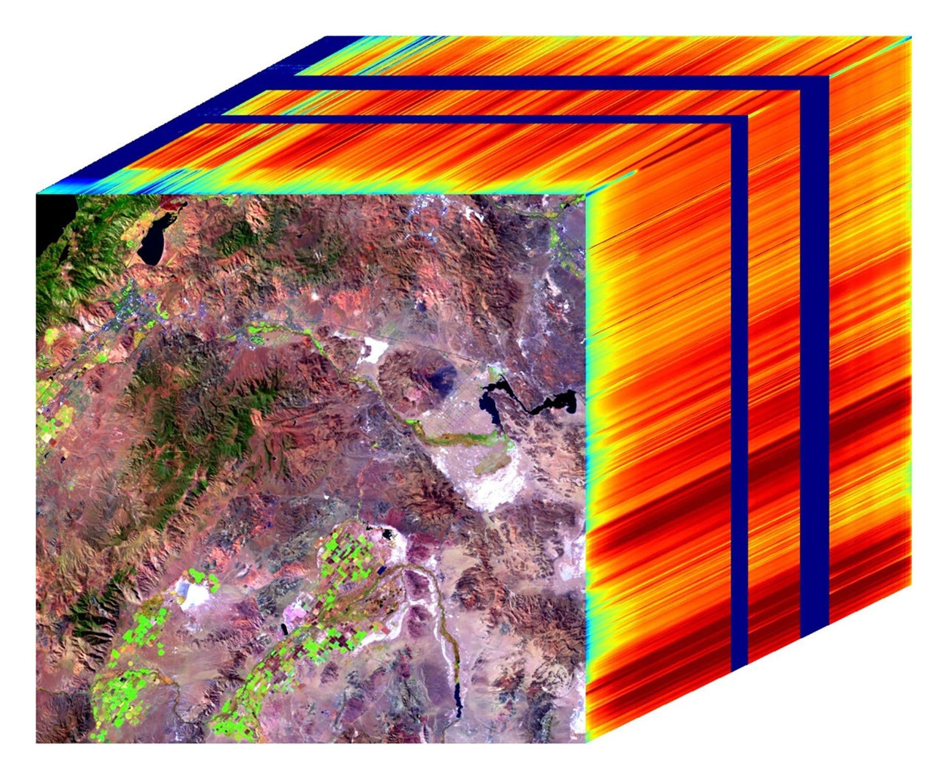 EMIT spectral image cube showing a Nevada region with coloured wavelength signatures extending behind the surface image