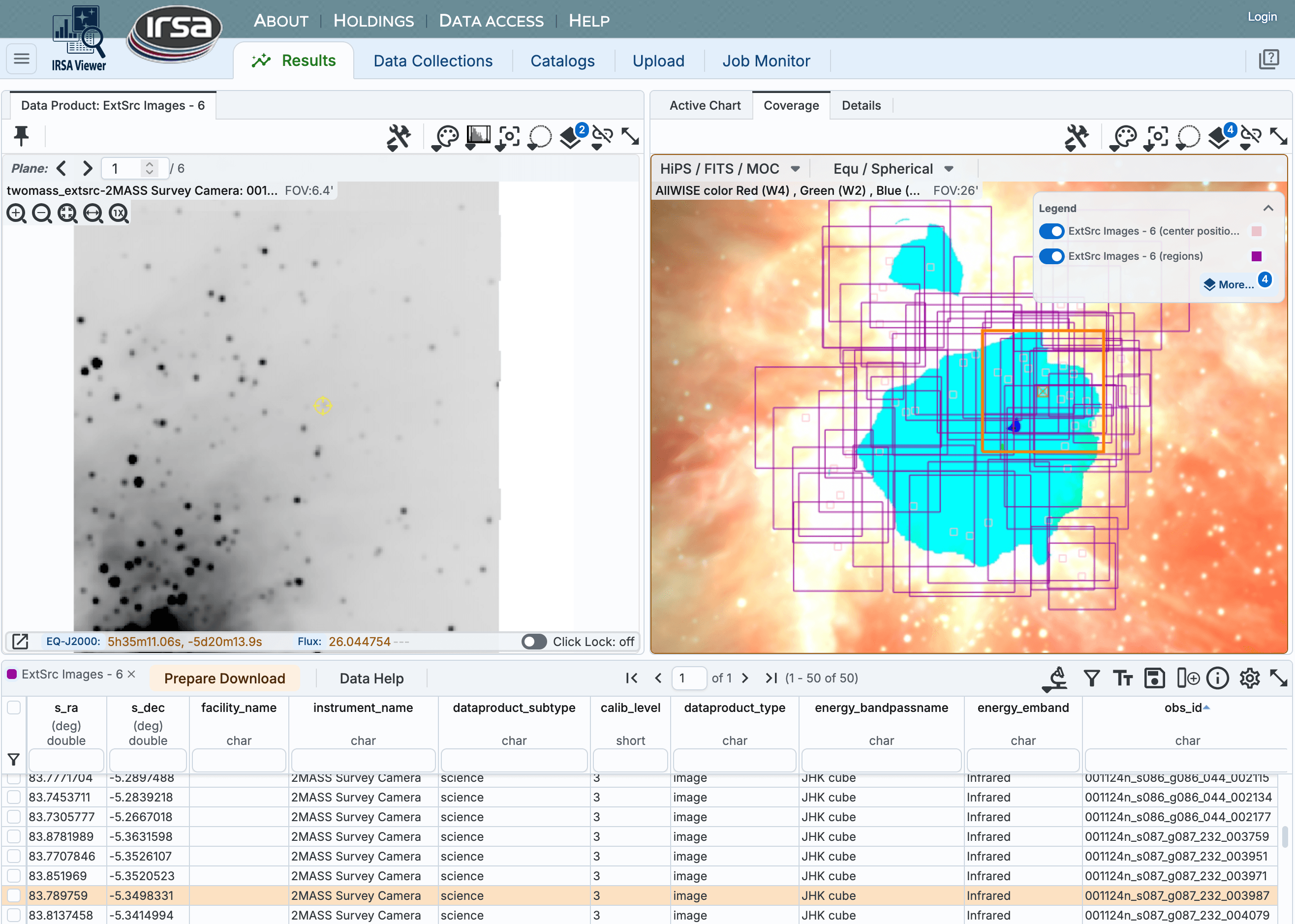 IRSA interface with a monochrome star-field cutout, coloured sky-coverage map and table of extended-source image products