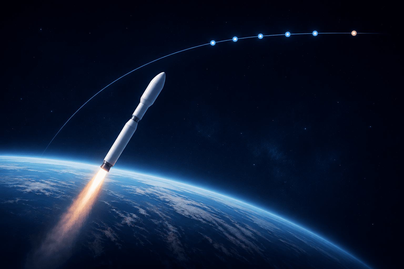 Conceptual illustration of a generic small rocket rising above Earth toward a curved orbital path with seven symbolic payload markers