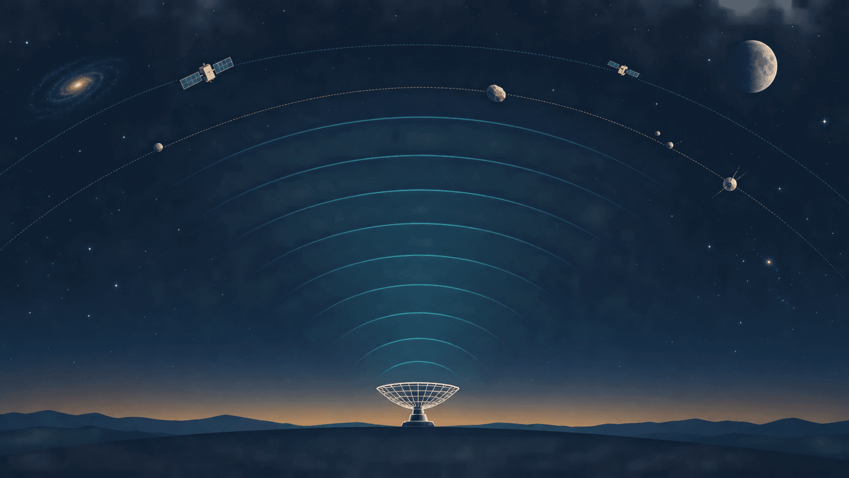 Stylized radar dish below curved blue signal arcs and small orbital objects in a dark sky