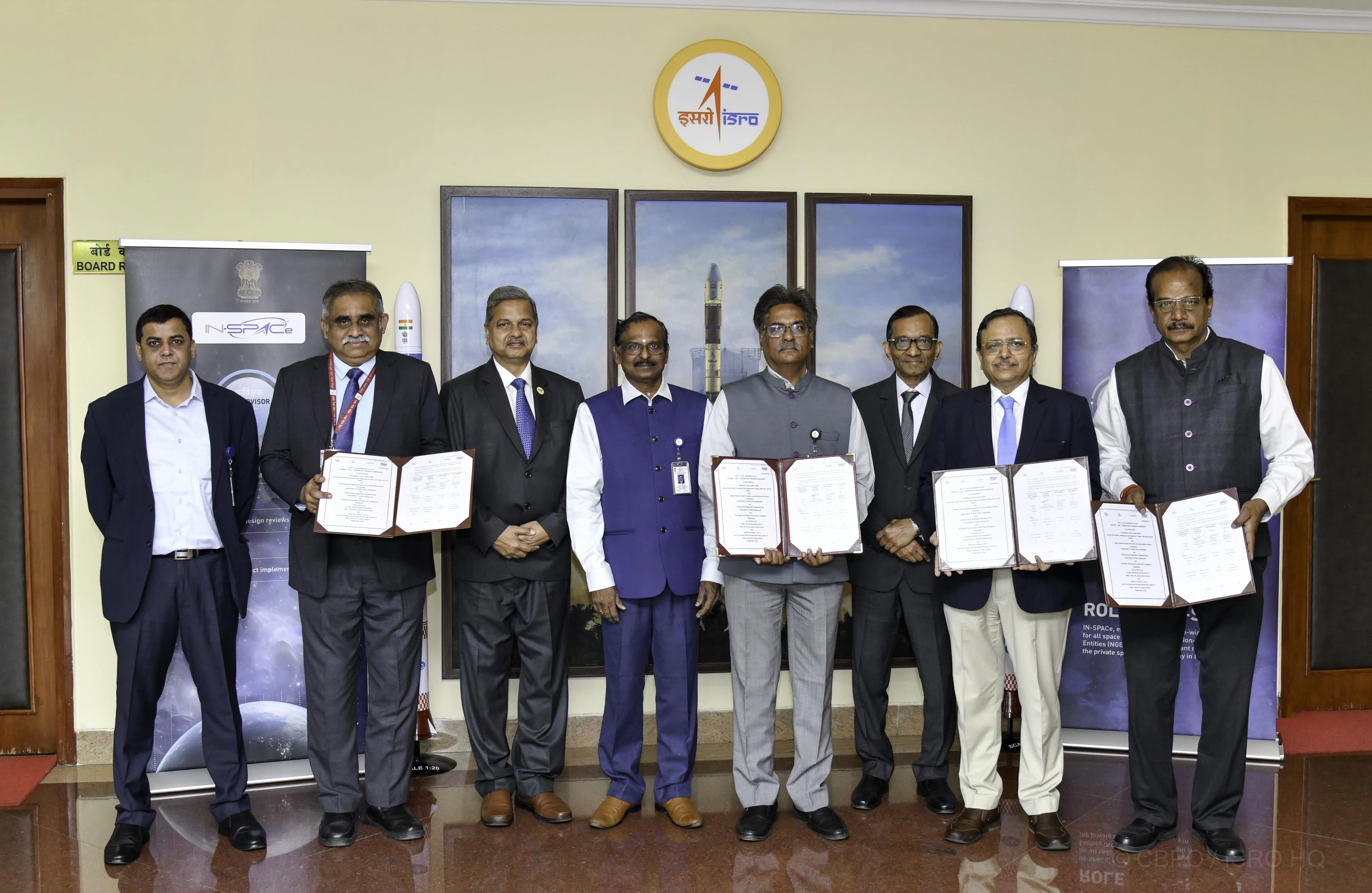 ISRO, IN-SPACe, NSIL and HAL officials holding the signed SSLV technology-transfer documents at ISRO Headquarters