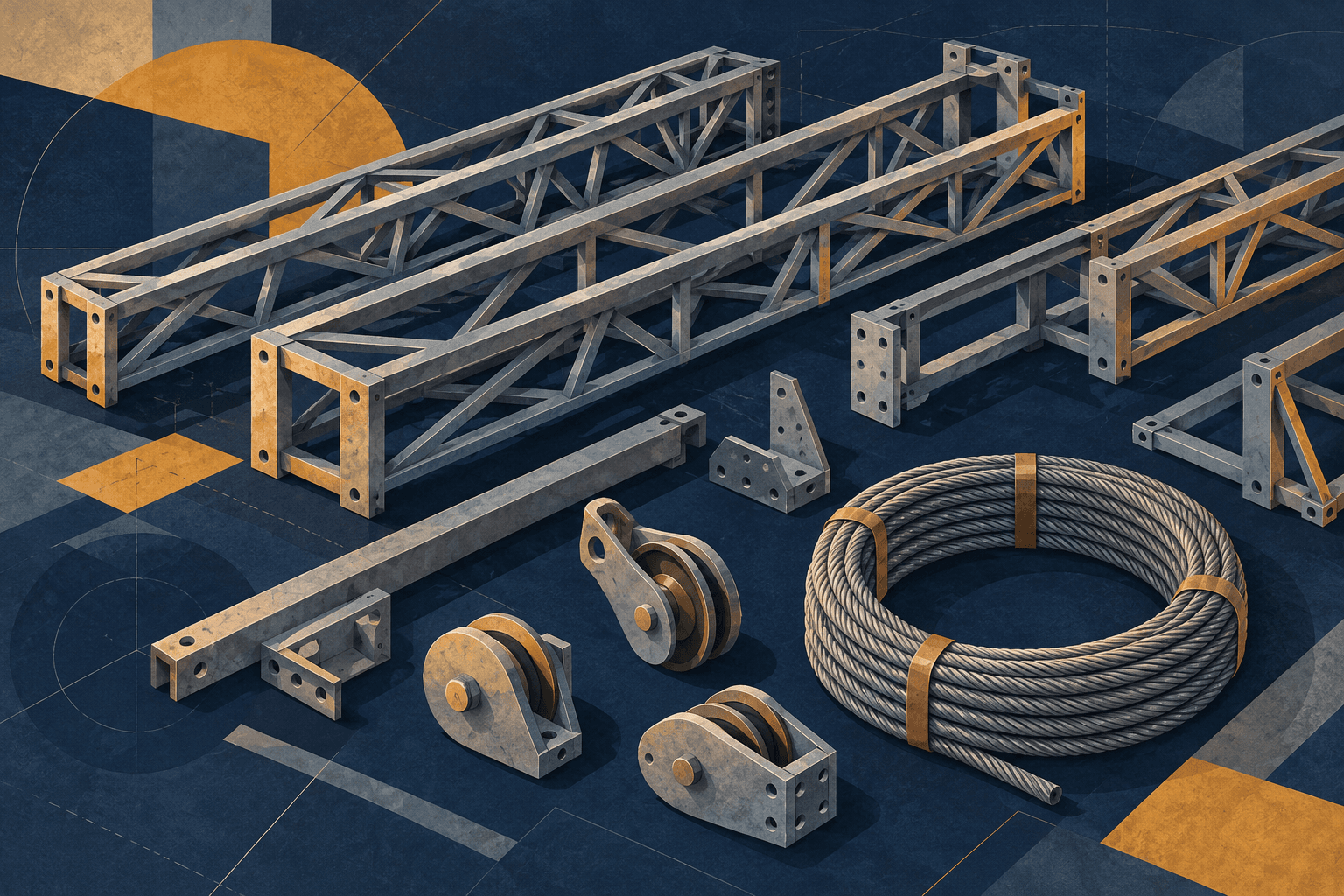Conceptual illustration of separate steel lattice members, a wire-rope coil and pulleys on a navy background